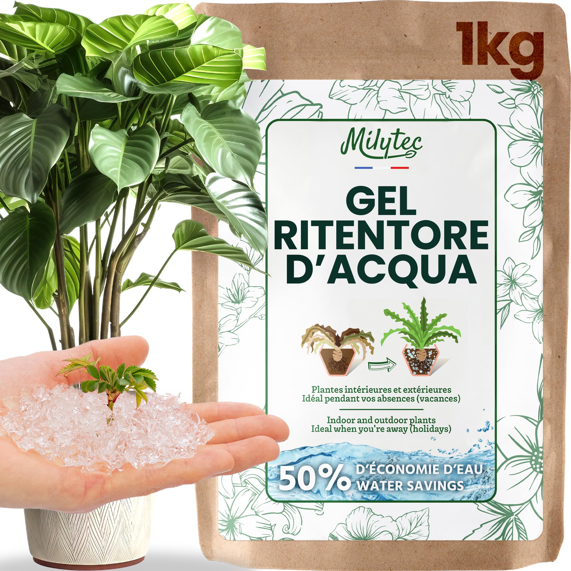 MILYTEC® Acqua Gel per Piante 1kg - per Riserva Acqua Terreno - Idratazione Prolungata per Vasi e Giardini Indoor e Outdoor - Assorbimento Rapido e Rilascio Graduale