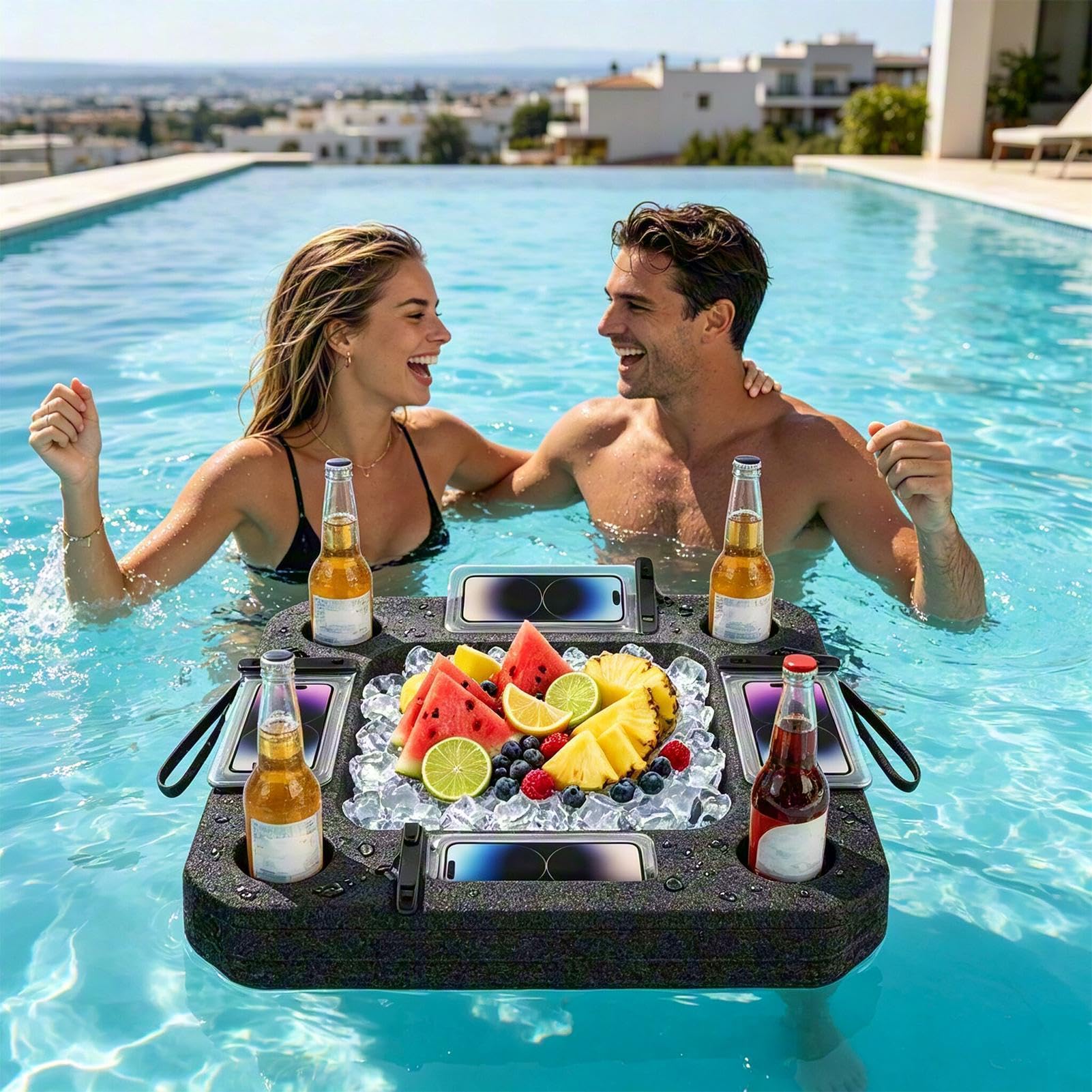 Pool Tablett Schwimmend 50x50cm – Tragbare Servierplatte mit Fächern | Getränkehalter für , See, Strands & Gartenparty, Leichte Ablage für Snacks & Getränke, Perfekt für Sommer, Camping