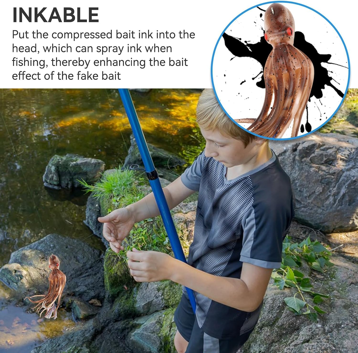 HERCHR Octopus Fishing Lures with Hook, Artificial Soft Bait Skirt Tail Lure with 10 Ink Blocks for Saltwater Freshwater, Plastic Squid Jigs Swimbait Octopus for Bass Trout Walleye Crappie