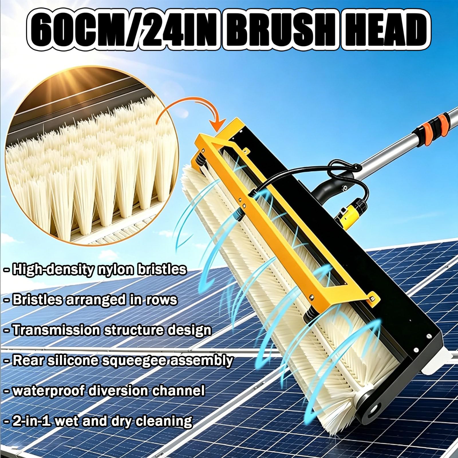 Cepillo de limpieza de paneles solares, cepillo eléctrico de rodillo de lavado de paneles fotovoltaicos, 150 W/380 rpm, modos húmedo/seco, cabezal de 60 cm, poste de alimentación de agua de 3,5 m