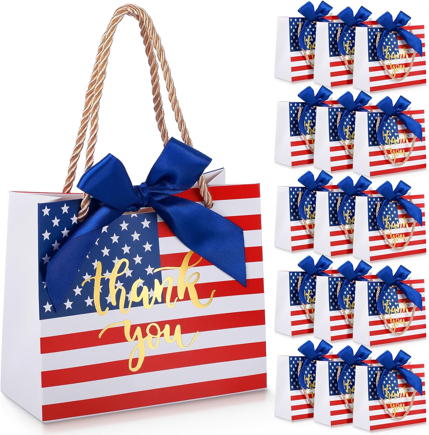 Moinchore 40 Pcs Veterans Day Paper Bags Thank You Gift Bags with Handles Tote Patriotic Kraft Patriotic Packaging Tote Bulk with Bow Ribbon for Party Supplies