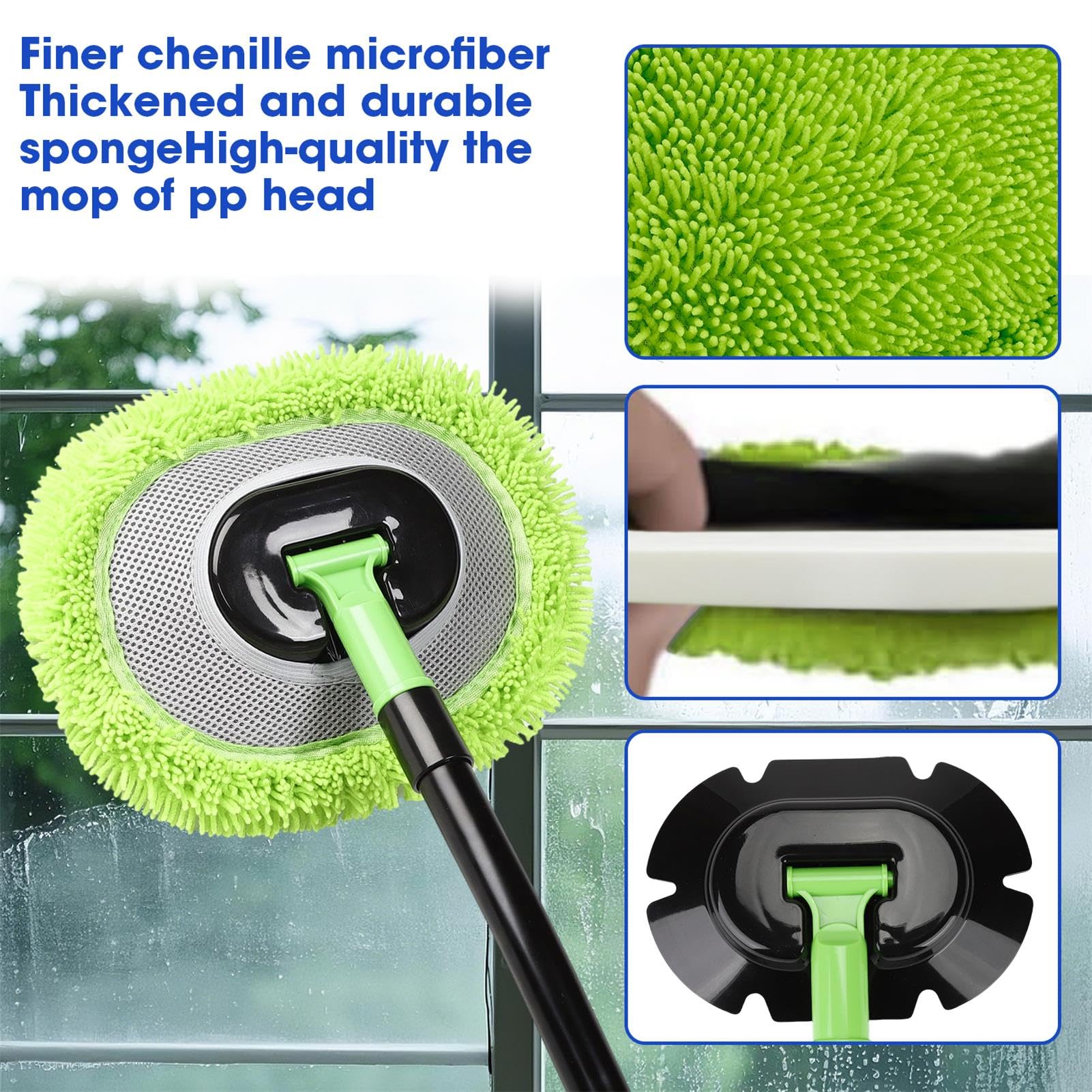 Limpiador de pared, Max 63 pulgadas, mopa verde con mango largo, trapeador de polvo de techo con poste de extensión de 15° que ahorra trabajo, cepillo de limpieza de zócalo, herramienta de cepillo de