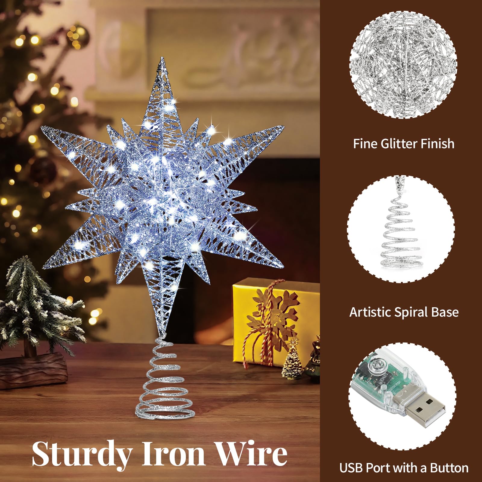 Lewondr Etoile Sapin de Noel, Pointe d'Etoile Hexagonale pour Sapin de Noël Alimenté par Pile/USB avec Lumières LED + Base en Spirale, Decoration Noel pour Maison Salon Chambre Jardin - Argent