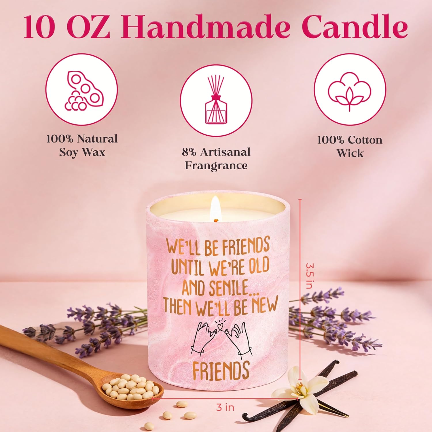 Galentines Day Gifts for Friends - Vanilla Lavender Pink Candles 10 oz - Best Friend Birthday Gifts for Women Friendship Female Her, Long Distance Galentines Gift for Woman BFF Bestie - Image 3