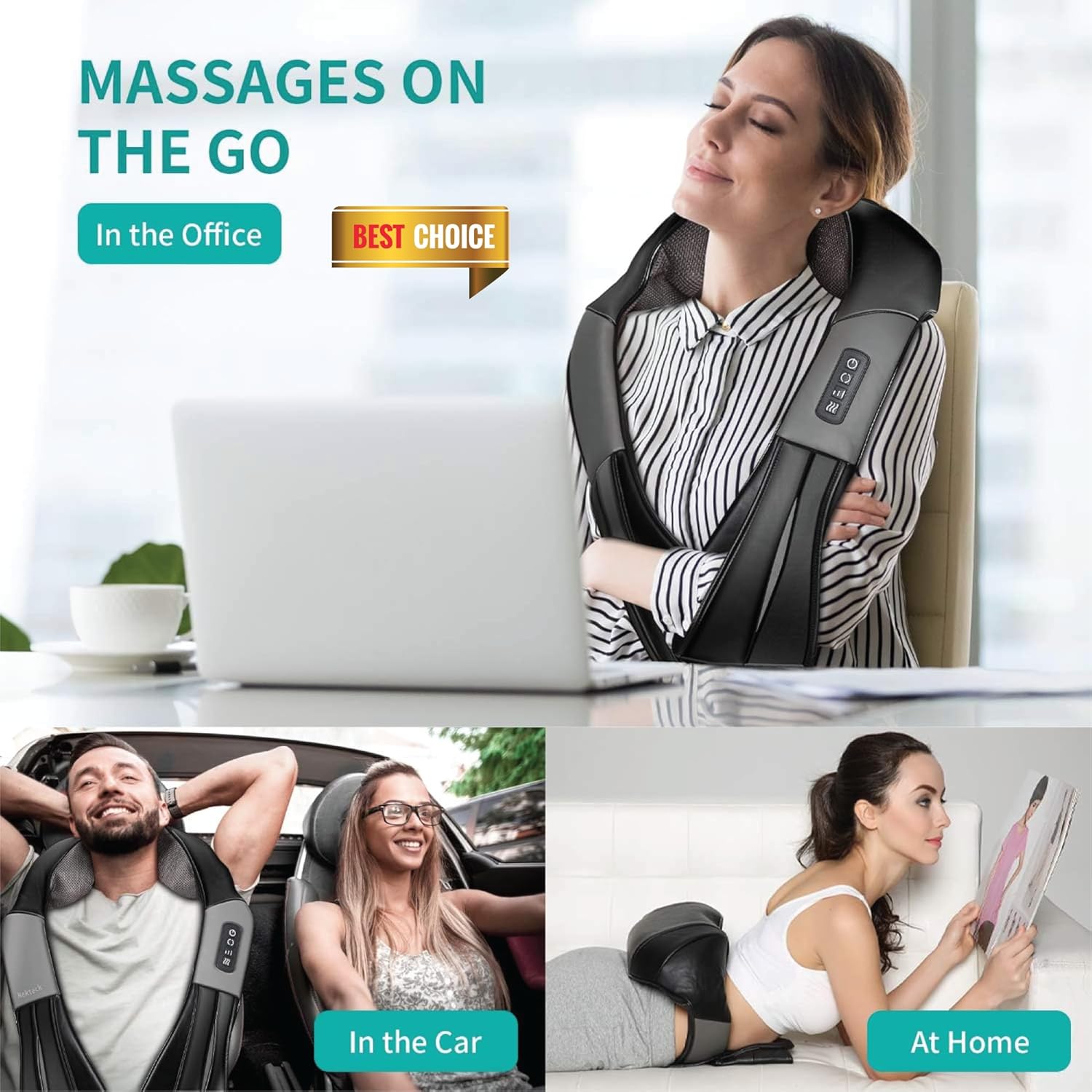 People using the massager in different settings: office, car, and home