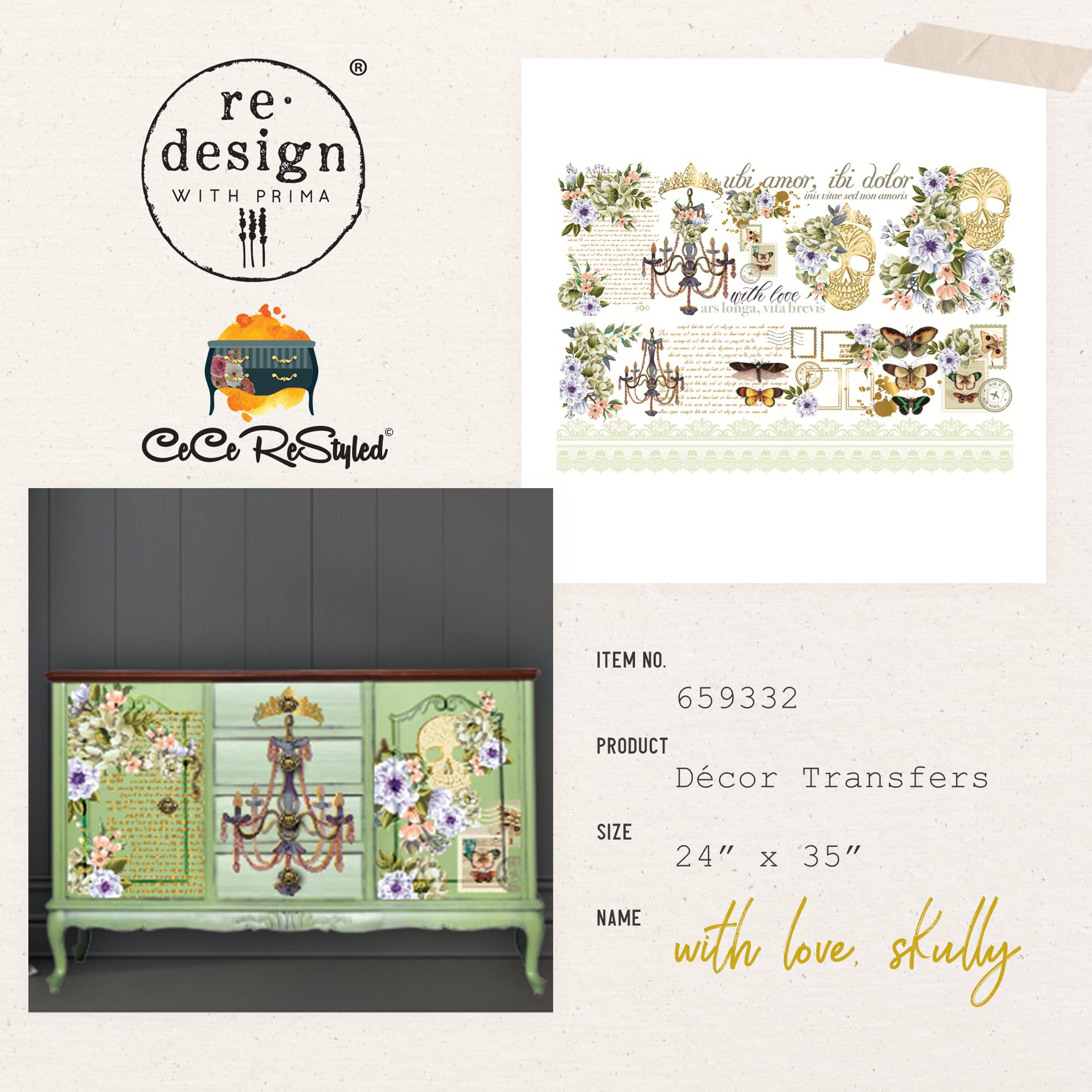 Prima Marketing Redesign Decor Transfers, Cece with Love, Skully - Image 2