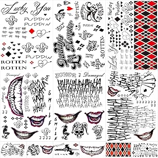 JEEFONNA 12 Sheets Joker Tattoos for Suicide Squad, Harley Quinn Tattoos Perfect for Halloween, Costumes, Party Harley Quinn Accessories and Cosplay