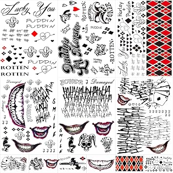 JEEFONNA 22 Sheets Halloween Temporary Tattoos, Perfect Halloween Joker Face Tattoos for Costumes, Halloween Party Accessories and Cosplay Mixeds