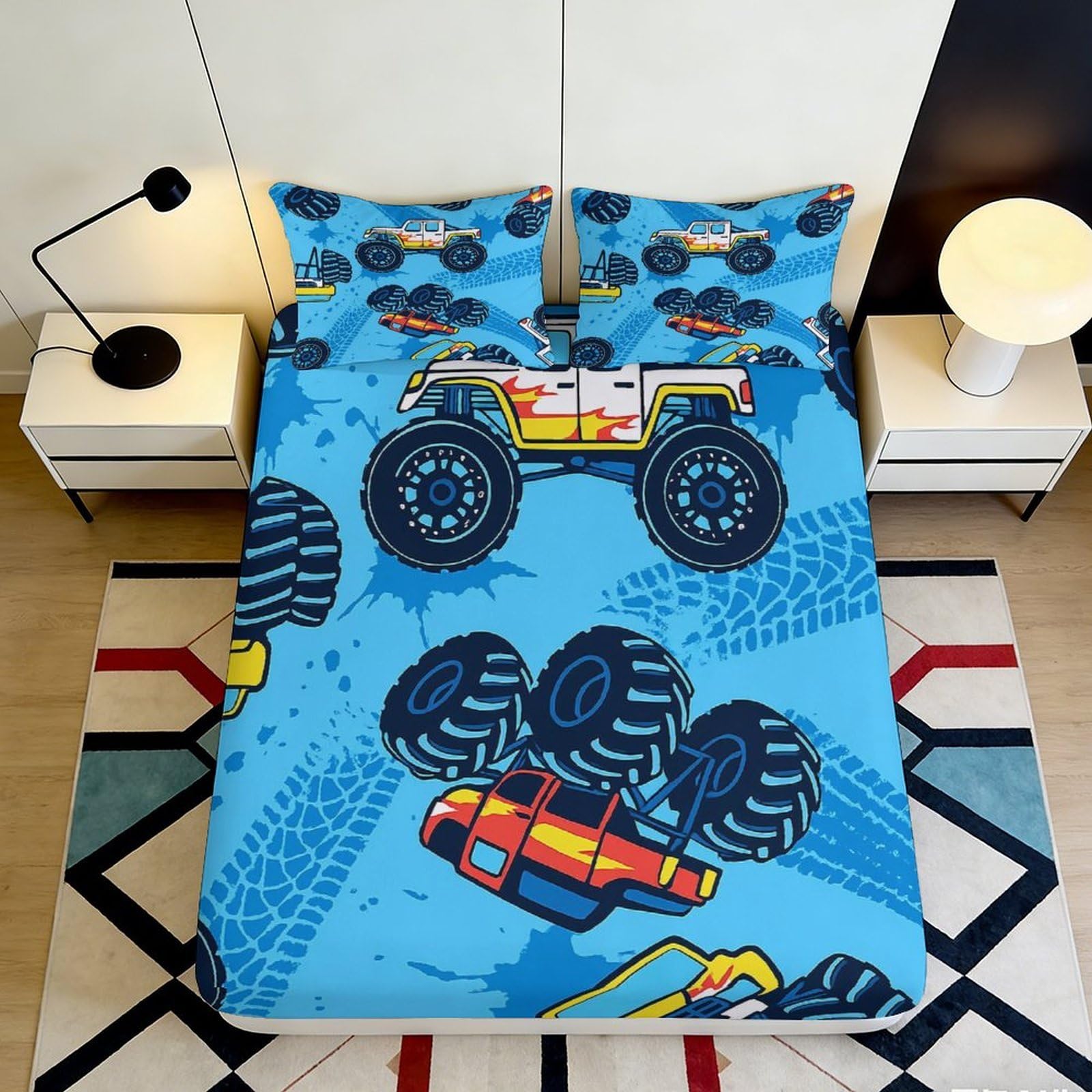 3D Printed Monster Truck Blue Fitted Sheet Microfiber Soft Breathable Off-Road Bed Cover for Bedroom Dormitory Guest Room Mattress Protection 200x200x25cm