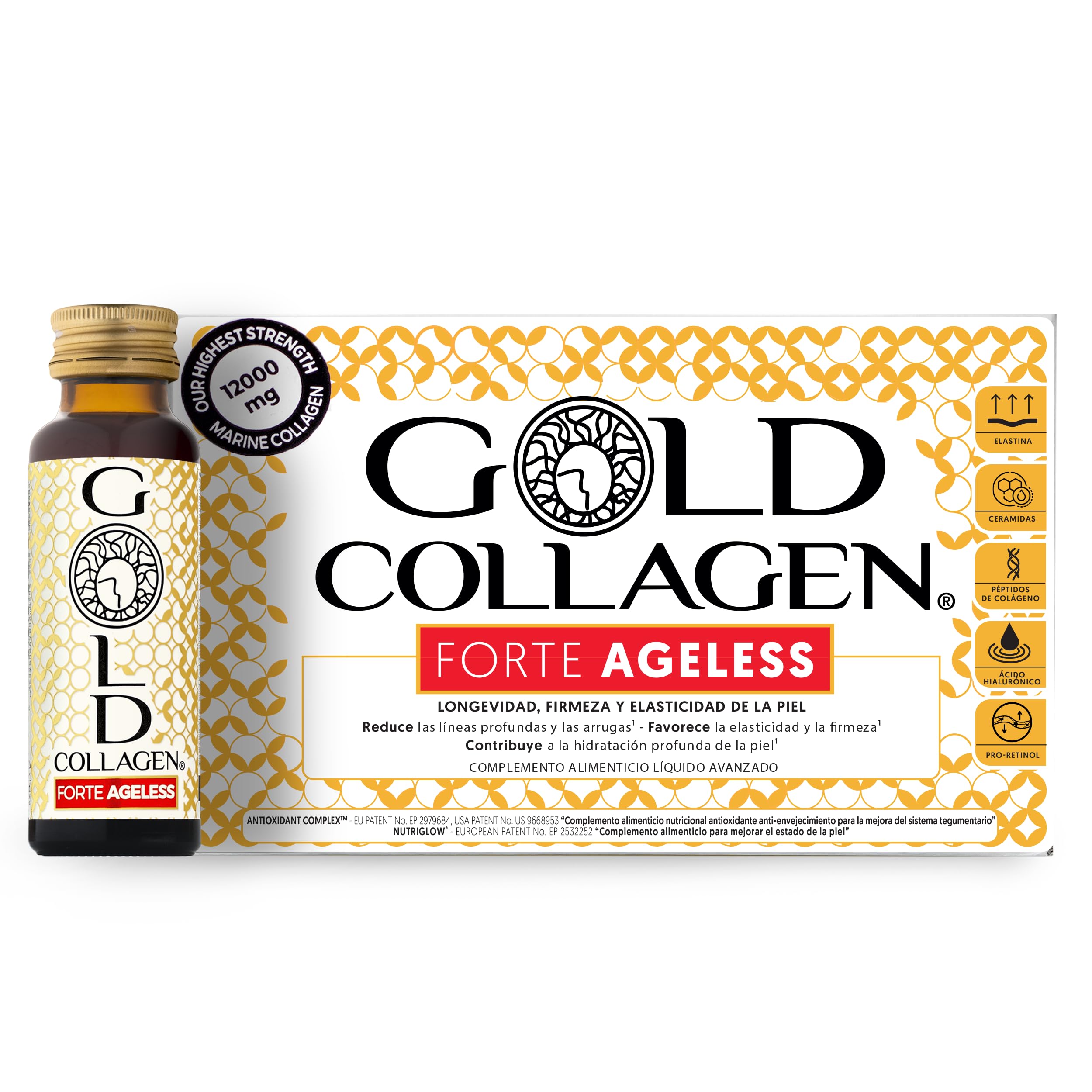 GOLD COLLAGEN Forte Ageless - Complemento Colágeno Marino Hidrolizado (12gr) con Ácido Hialurónico Antiarrugas, Pro Retinol, Vitamina C, D, Biotina, Coenzima Q10, Elastina Reduce Líneas Finas, 10x50ml