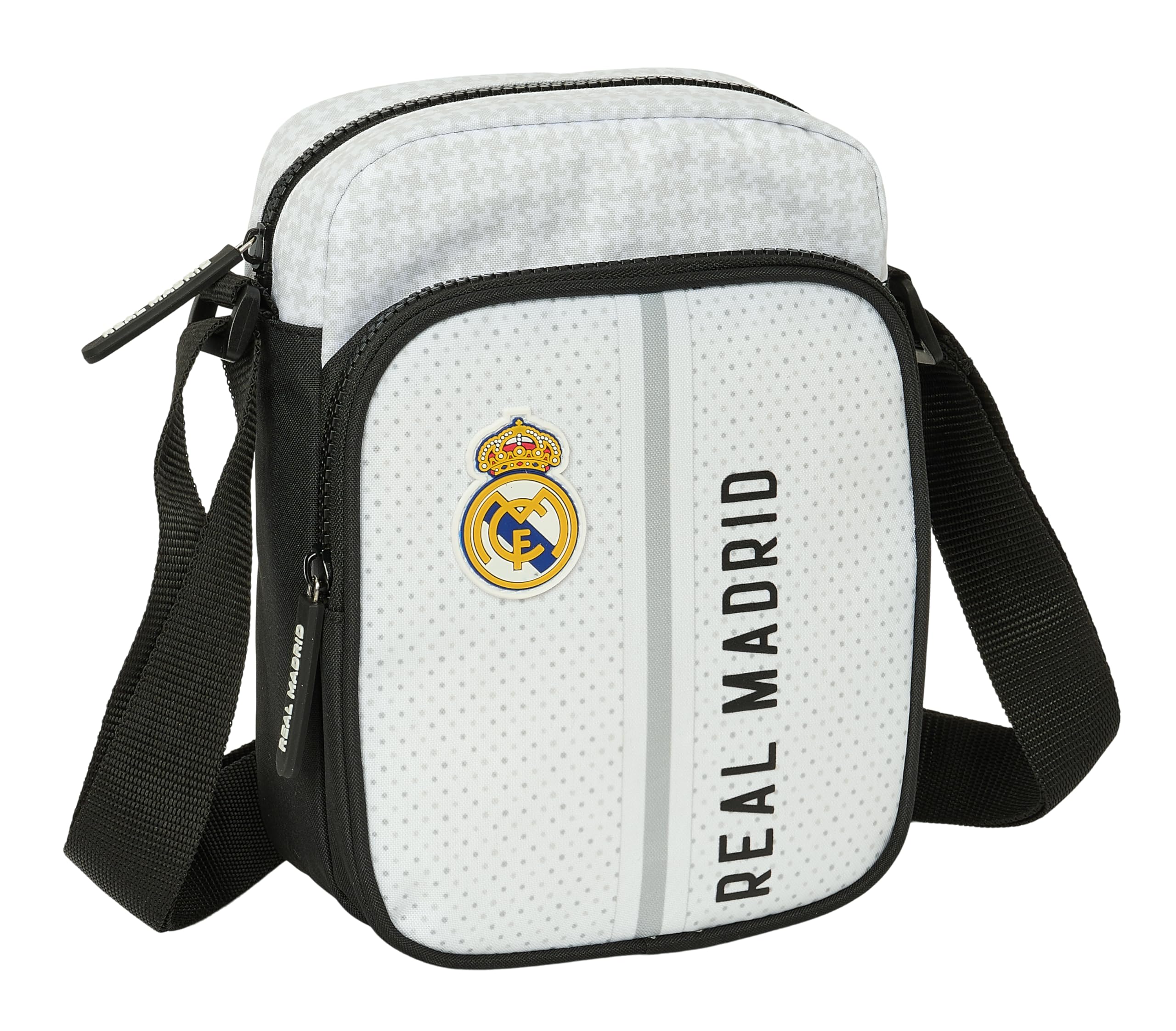 Safta REAL MADRID 1ª EQUIPACIÓN 24/25 - Bandolera con Bolsillo Exterior, Maletín Portatodo, Bandolera, Cómoda y Versátil, Calidad y Resistencia, 16x6x22 cm, Color Blanco/gris