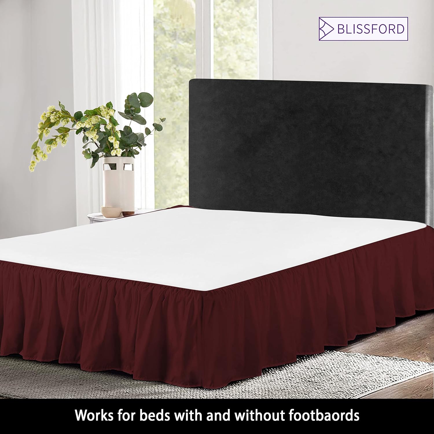 Ruffled Bed Skirt with Split Corners, Day Bed, Burgundy, 14” Drop