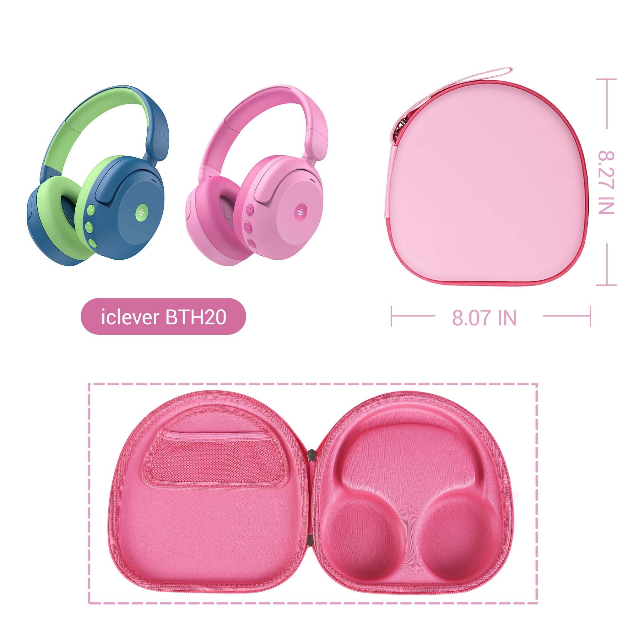 Funda portátil para auriculares ICLEVER BTH 20, funda rígida de EVA rosa con cable de almacenamiento de bolsillo de malla