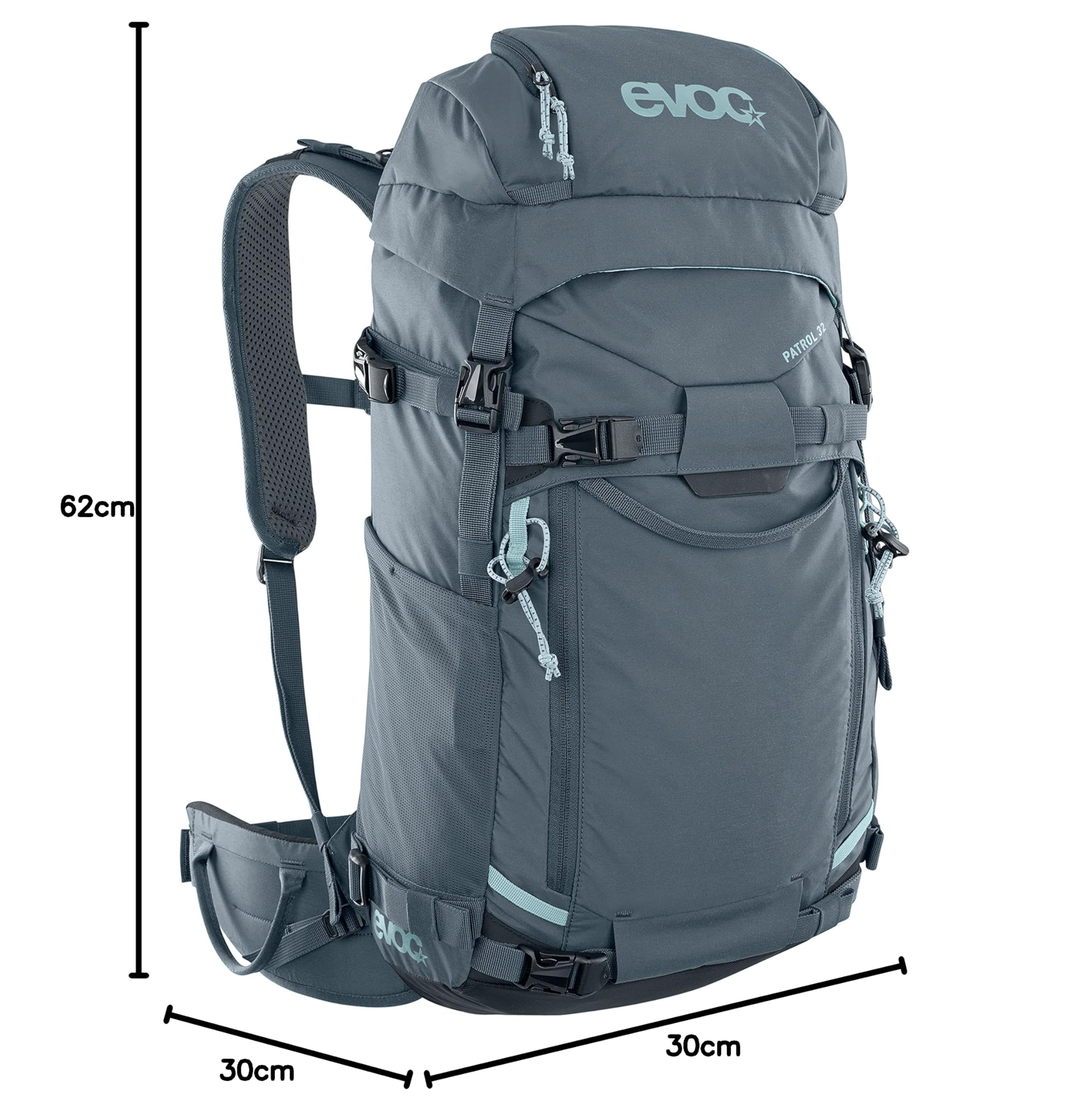 EVOC PATROL 32l Touren Rucksack (komfortables Tragesystem, Lastenverteilung über NEUTRALITE SYSTEM, seitlicher Schnellzugriff, Lawinenfach, Befüllung von oben und Seite), Carbon Grau Einheitsgröße