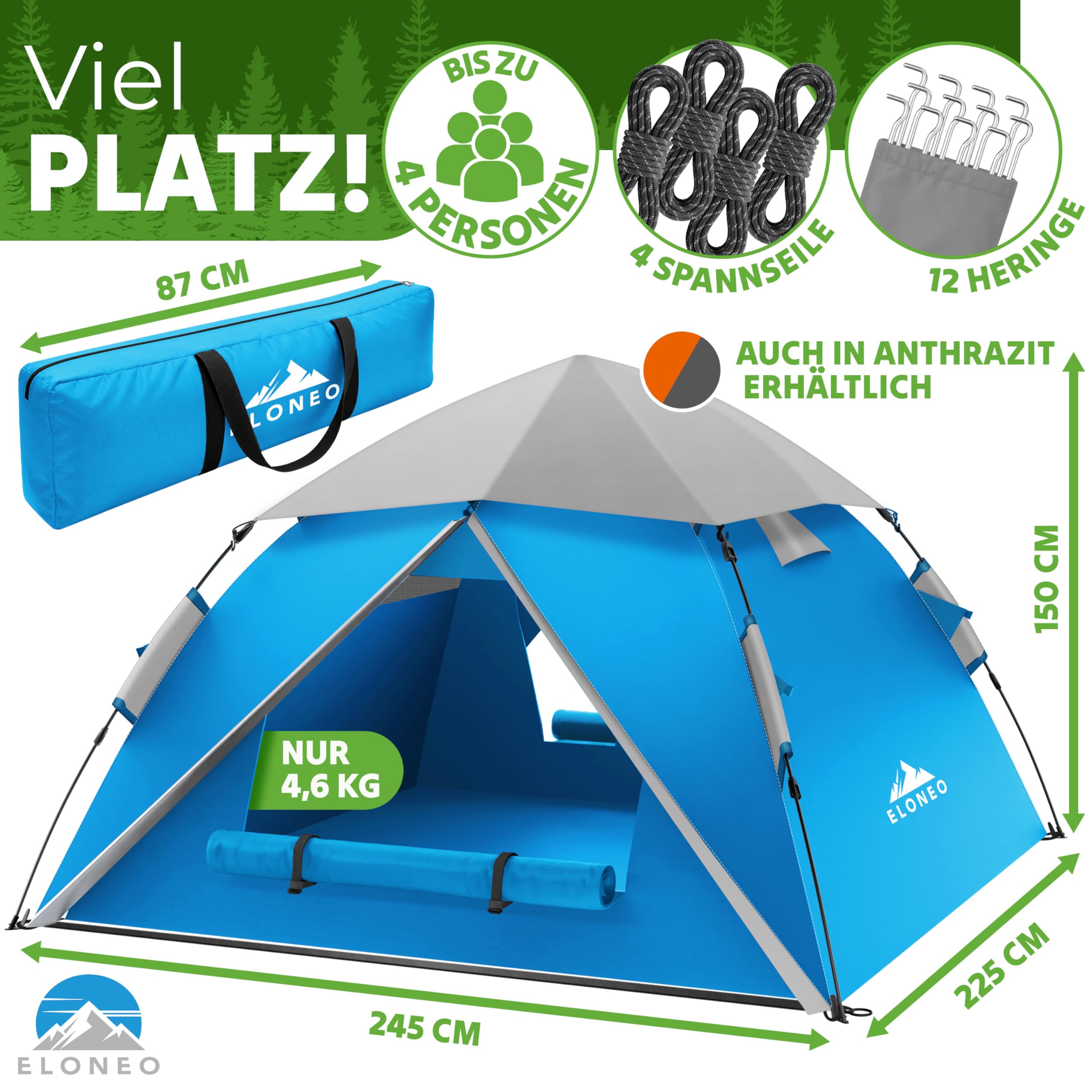 ELONEO Tente Pop-up – Extra étanche et Stable, Montage et démontage Rapides en 45 Secondes | Étanche | Tente de Camping | 2-4 Personnes