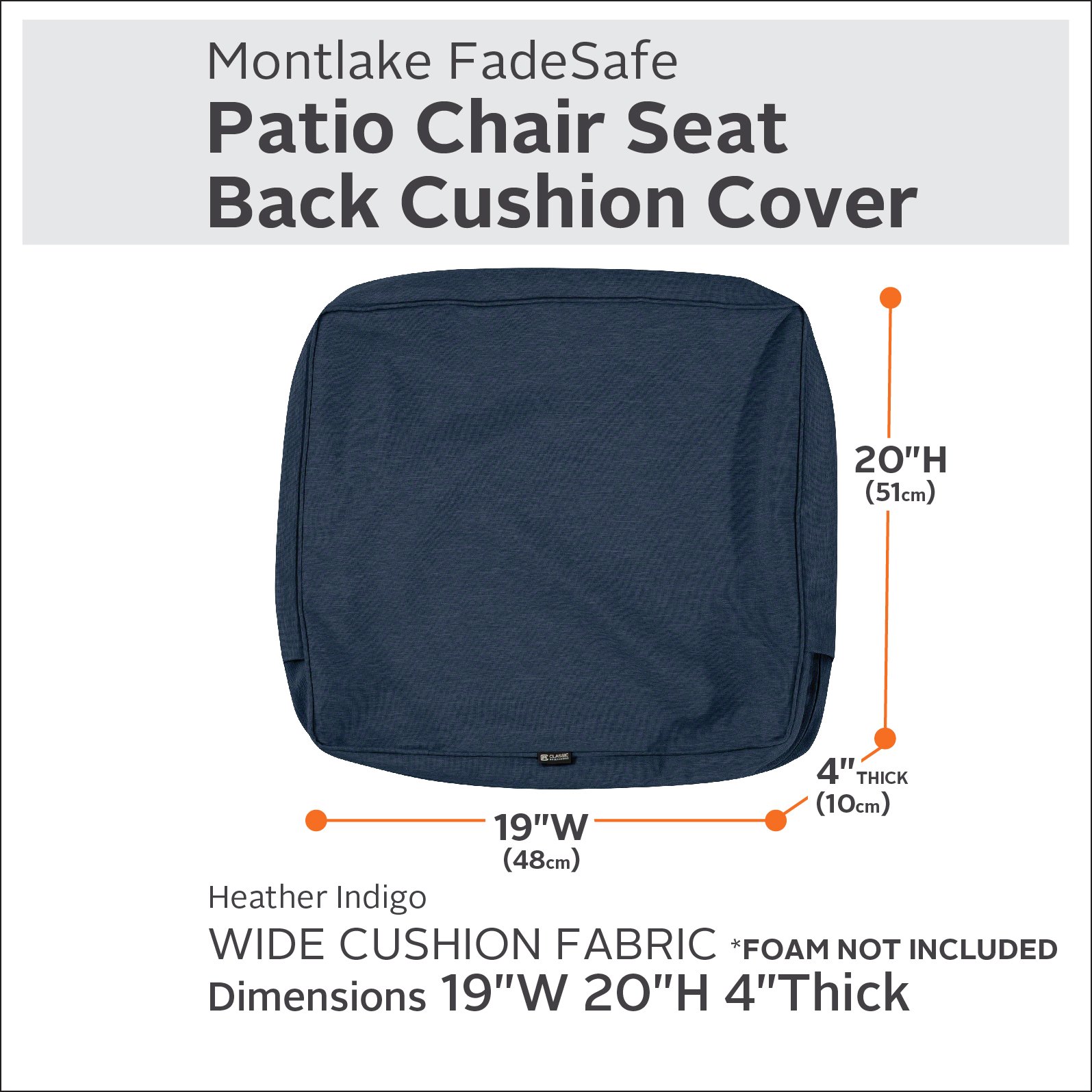 Classic Accessories Montlake Patio FadeSafe Back Cushion Slip Cover, Indigo 19Wx20Hx4T, Heather Indigo, 19"W x 20"H x 4"Thick - Image 2