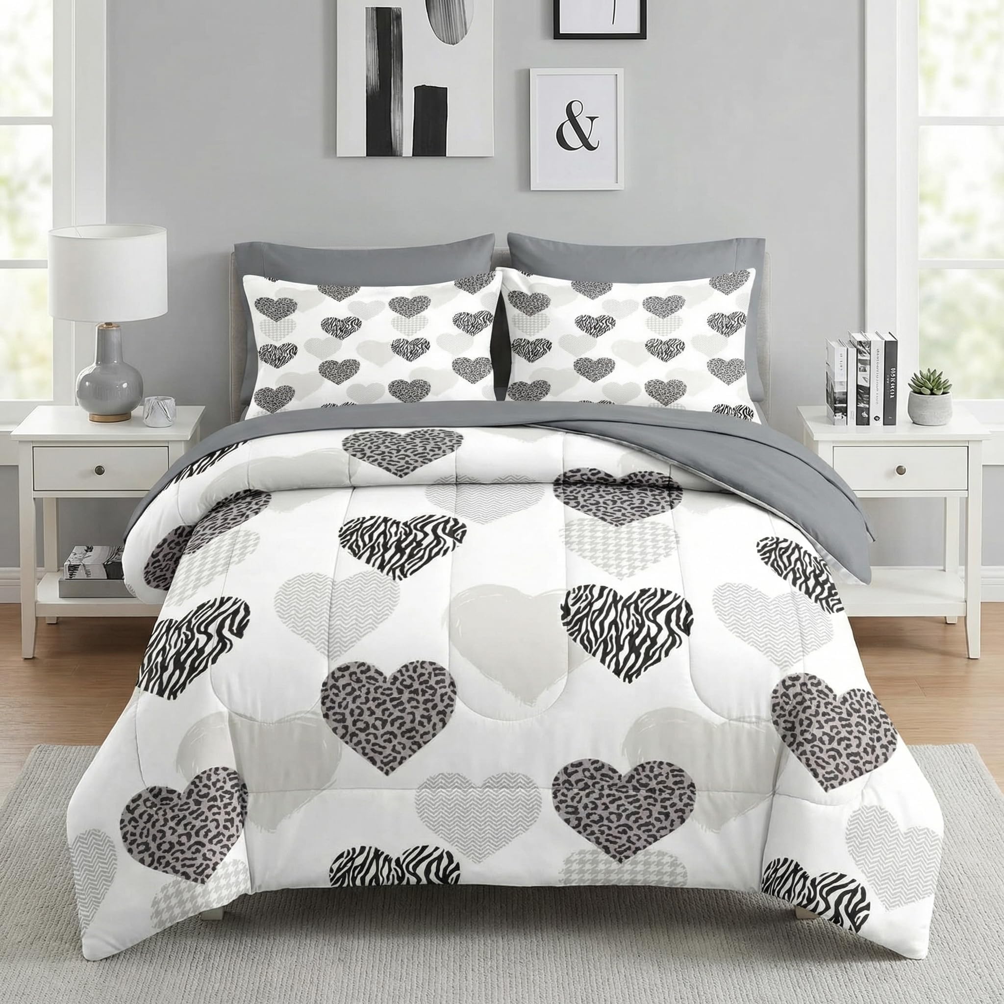 Nesker 7 Pcs Comforter Set Queen Size, Gray White Cute Heart Bedding Set for Kids and Adults, Romantic Abstract Bed Sheet Sets with Fitted Sheet 2 Pillowcases & 2 Shams