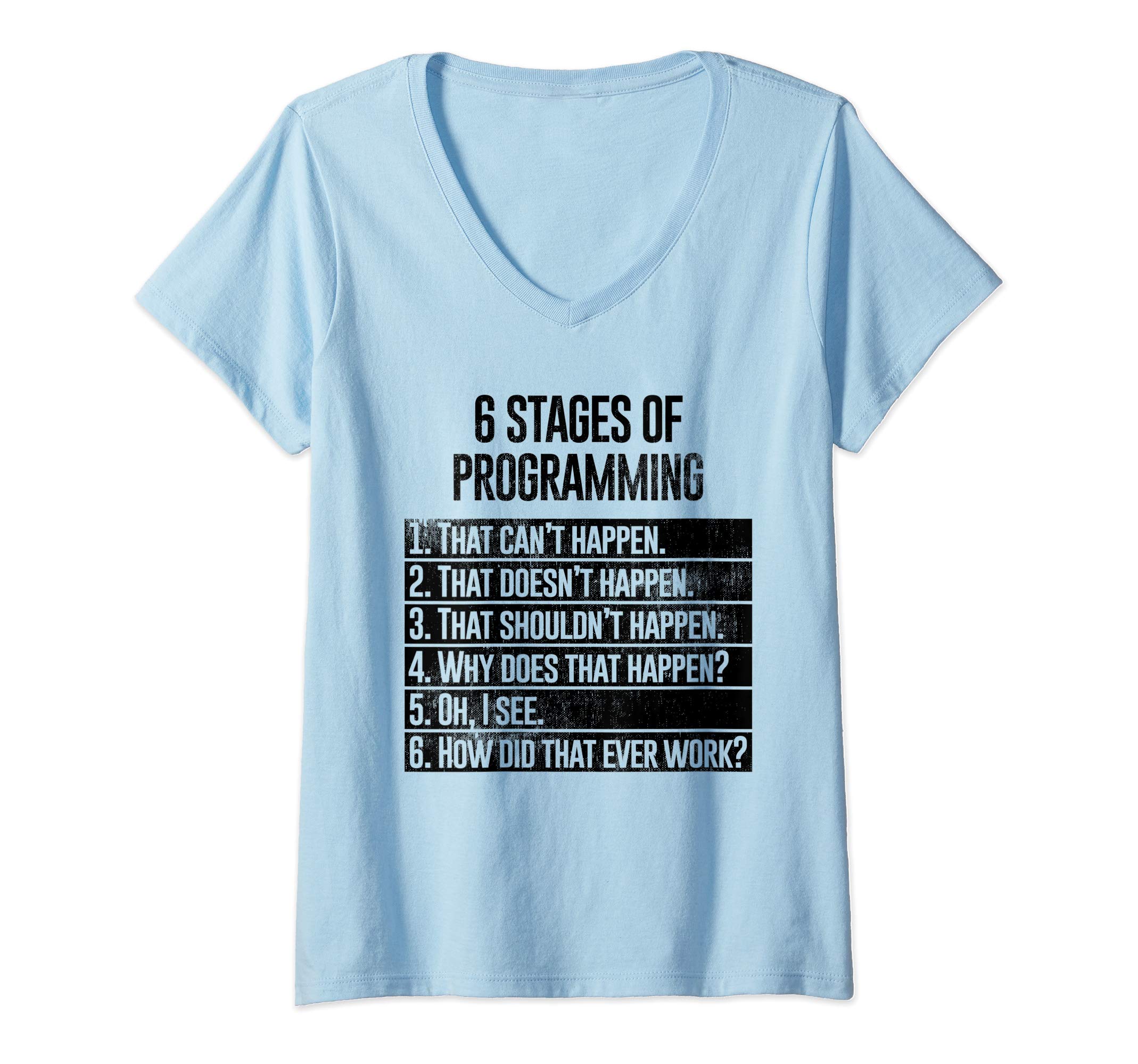 Coding101 ShirtsWomens Funny Distressed 6 Stages of Debugging Bug Coding Programmer V-Neck T-Shirt