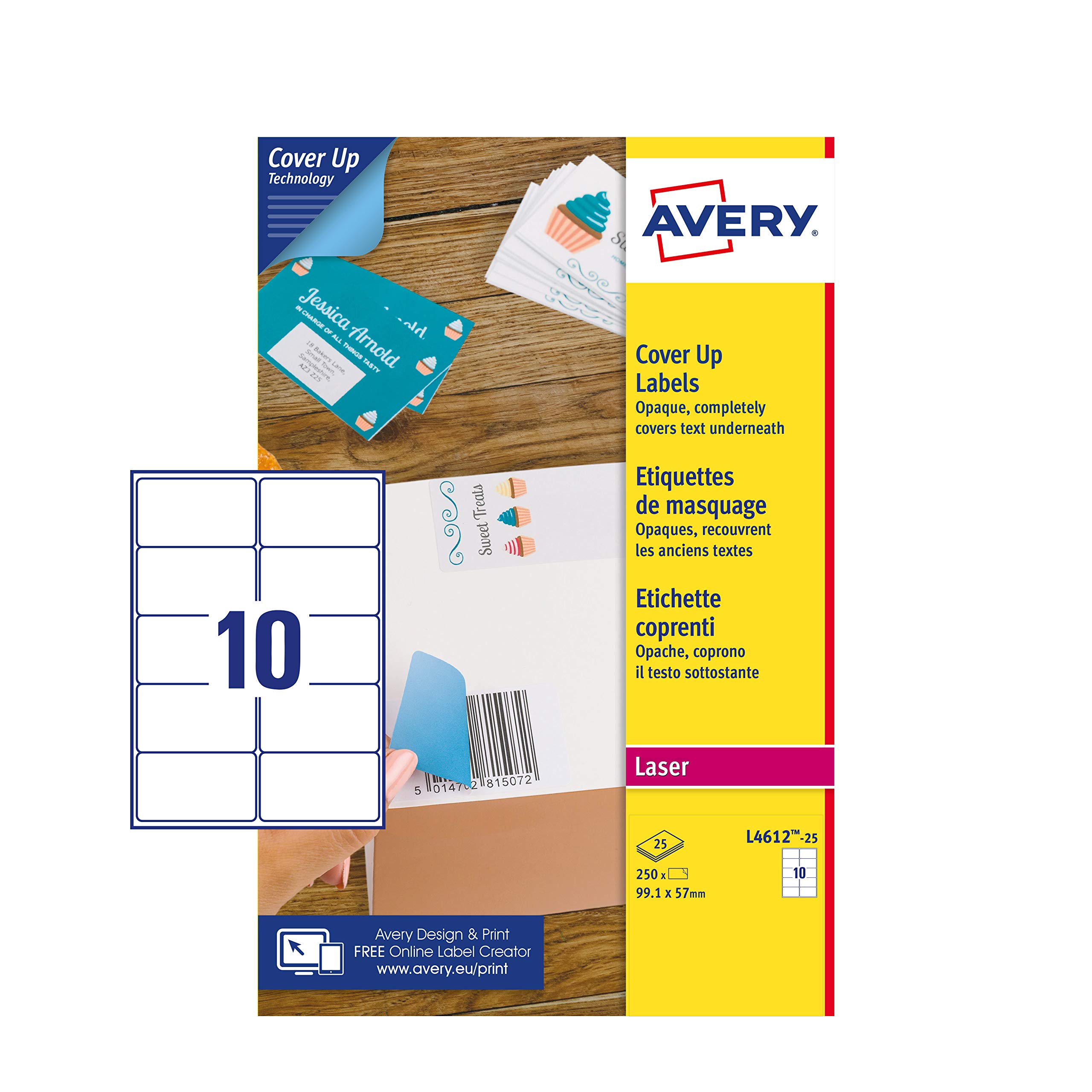 Avery España L4612-​25 Etiquetas adhesivas blancas cubrientes, 99,​1x57mm, 10 etiquetas por hoja, caja de 25 hojas