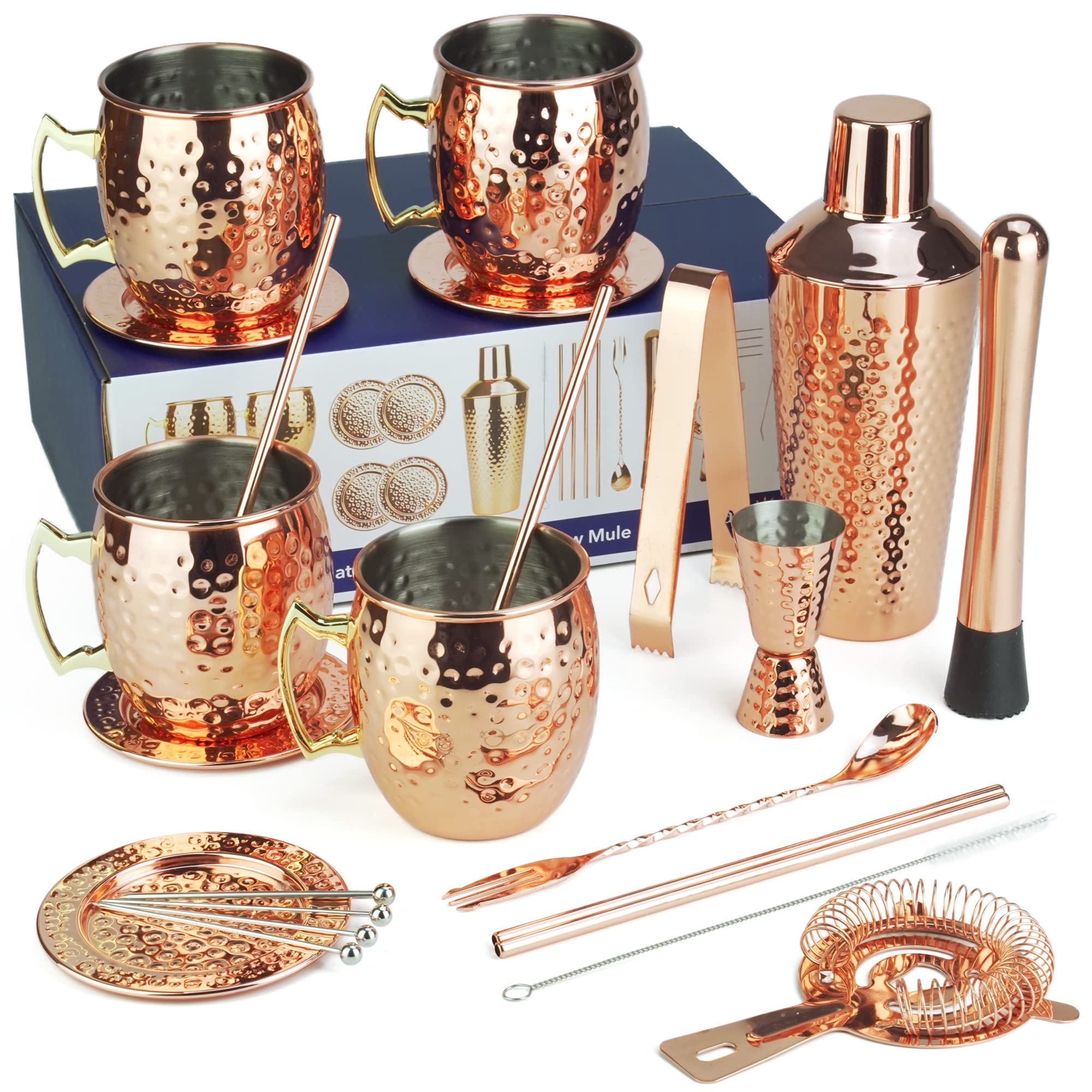 AroraMoscow Mule Barware Set - 23pc - Copper Plated Stainless Steel - Professional Bar Tools for Drink Mixing, Home, Bar, Party