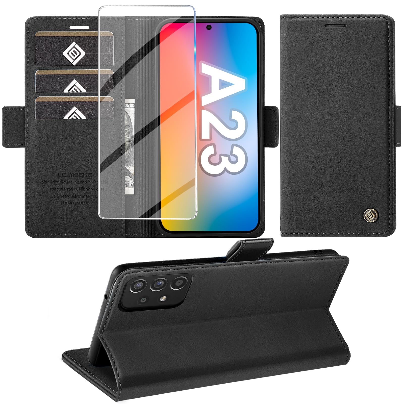 Giyer Handyhülle für Samsung Galaxy A23 5G Hülle mit Displayschutzfolie, Galaxy A23 5G Hülle Brieftasche Leder Kartenfach Standfunktion Schutzhülle Flip Case Cover Klapphülle Schwarz