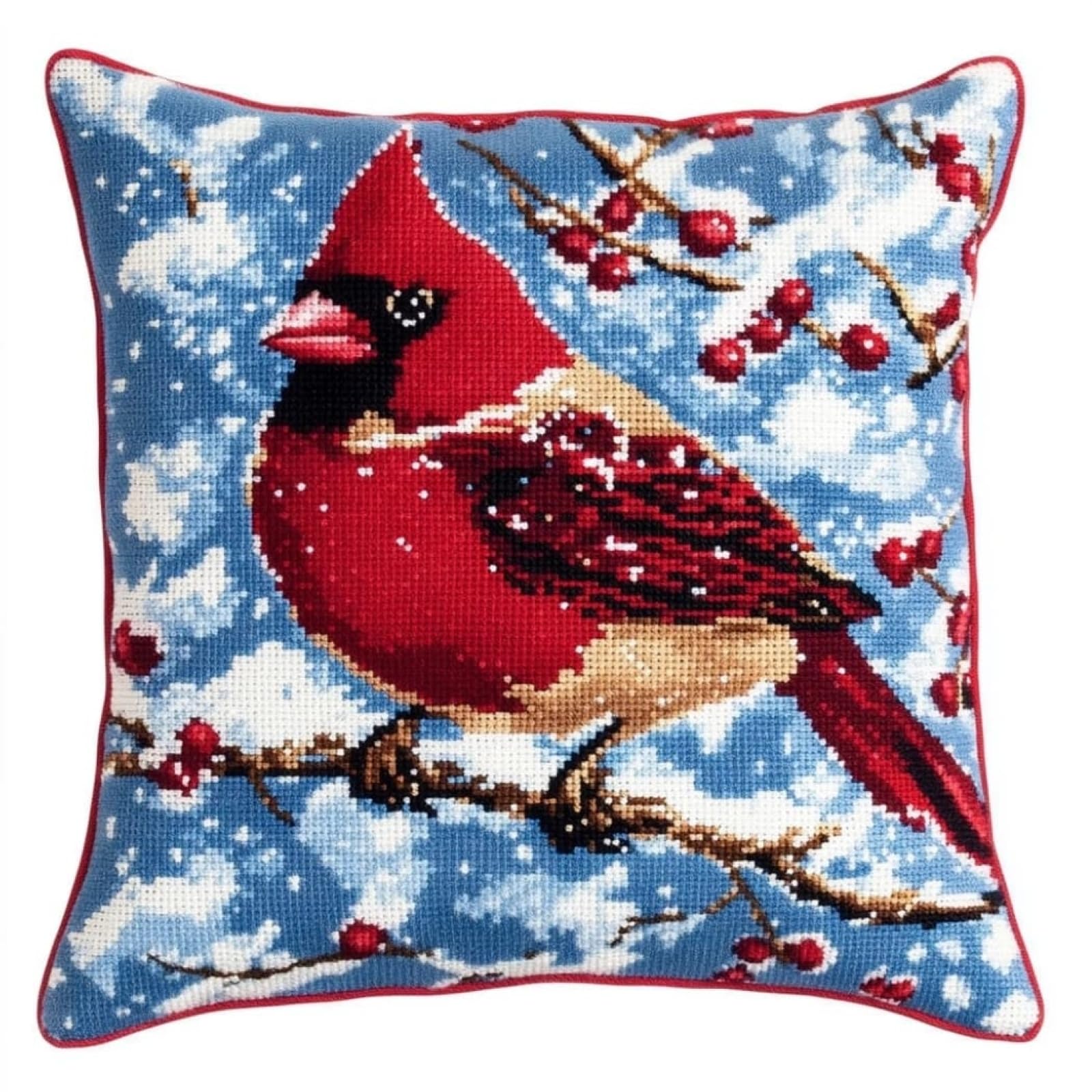 WallustrioaW Cross Stitch Cushion Kits for Adults,Red Finches on the Branches Needlepoint Cushion Kit Cross Stitch Throw Pillow for Creative Home Decor 18x18in