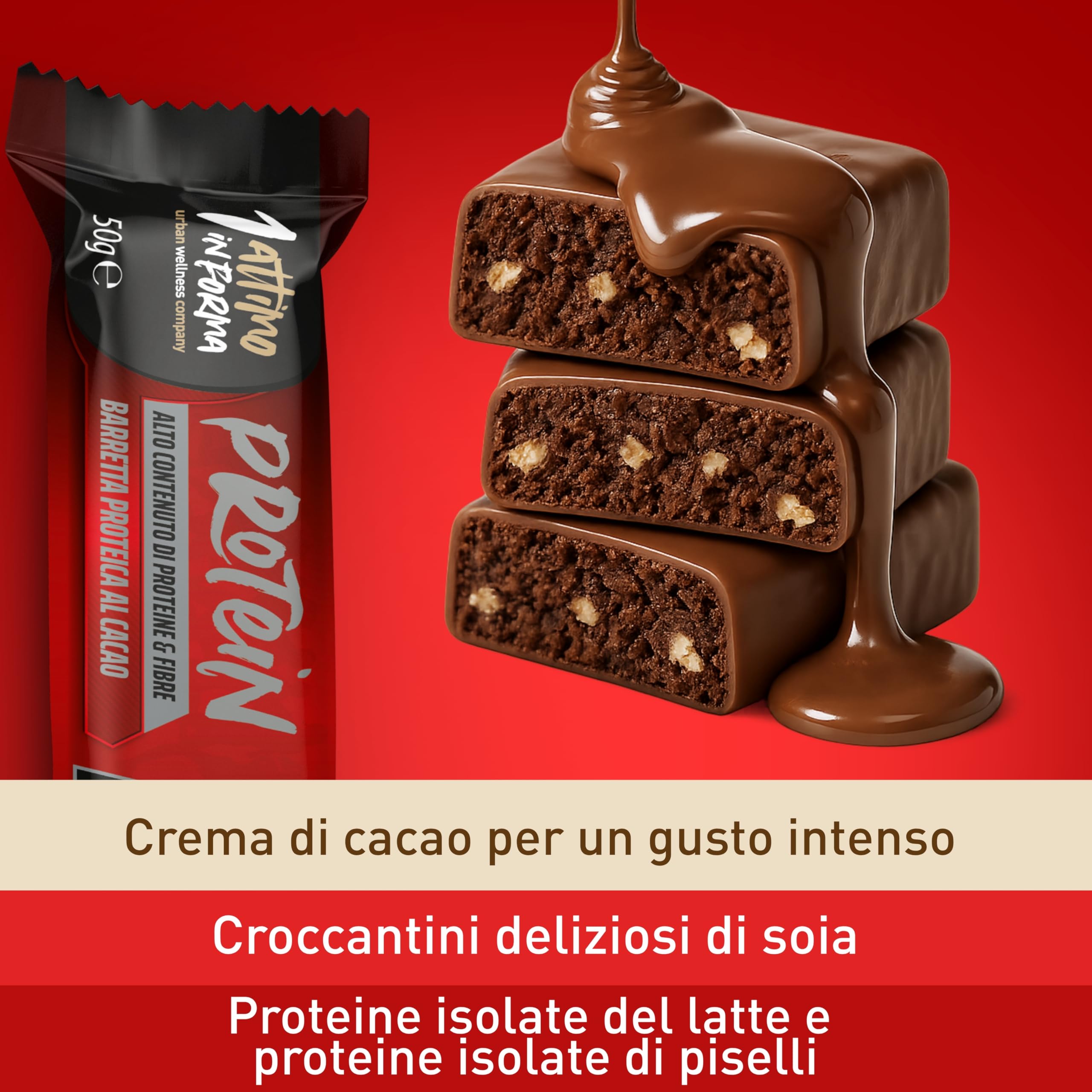 1 ATTIMO IN FORMA Barrette Proteiche 32% Protein Barretta Proteica set 24x50g con Crema di Cacao e Croccantini di Soia, Snack Proteico Fonte di Proteine e Fibre