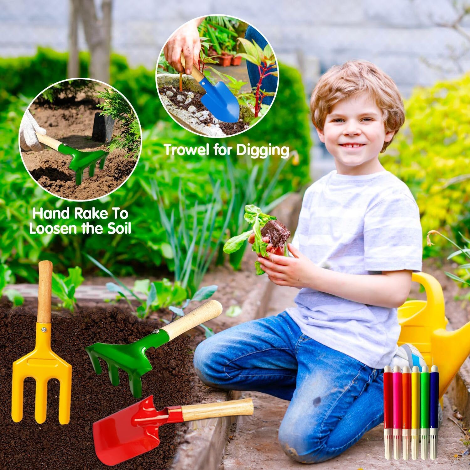 Kids Gardening Tools, Toddler Gardening Set for Kids Includes Rake, Shovel, Trowel, Apron Gloves Watering Can and Tote Bag, Spray Bottle, Kids Garden Tools Best Outdoor Toys Gift for Boys and Girls - 3