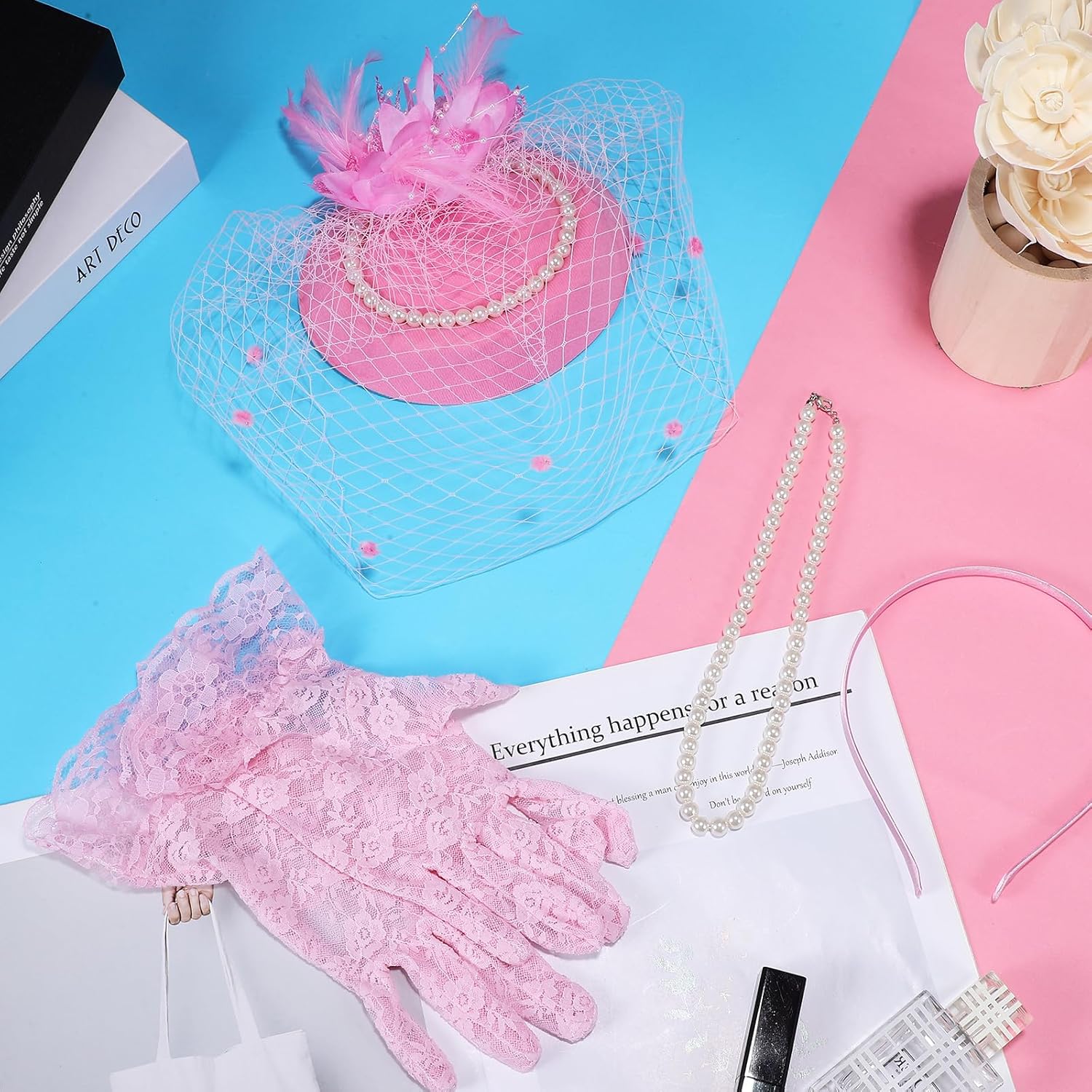 PRETYZOOM Fascinator Hat Set, Women's Tea Party Hat and Gloves Set with Pearl Necklace Headband, for Wedding Halloween Chirstmas Party, Pink - Image 6