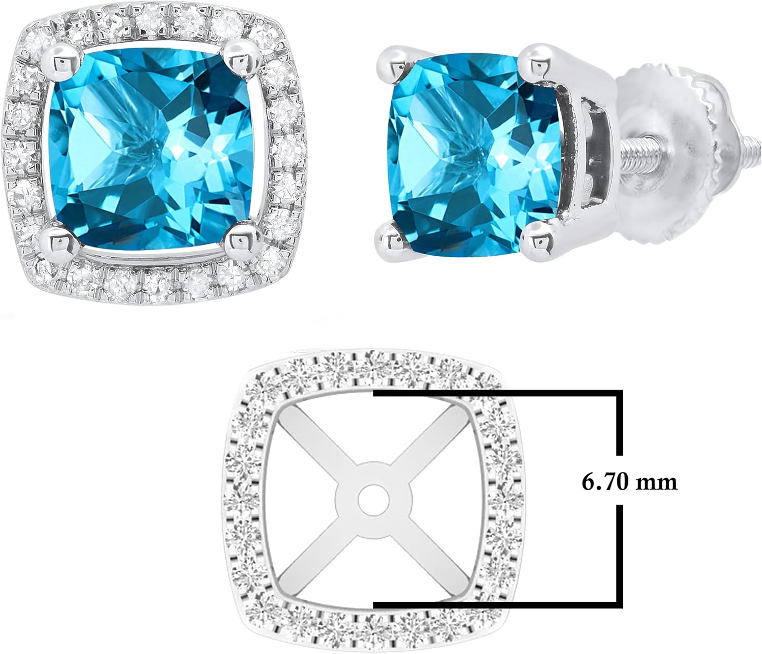 Dazzlingrock Collection 6.50mm Cushion Gemstone & 0.20 CT Round Natural Diamond Halo Removable Jacket Screw Back Stud Earrings for Women in 10K Real Solid Gold