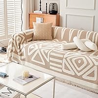 Vista 6 de VClife Funda bohemia de felpilla para sofá, apta para mascotas, gruesa, beige, crema, blanco, a cuadros, triangular, con borlas, agradable a la 0 a
