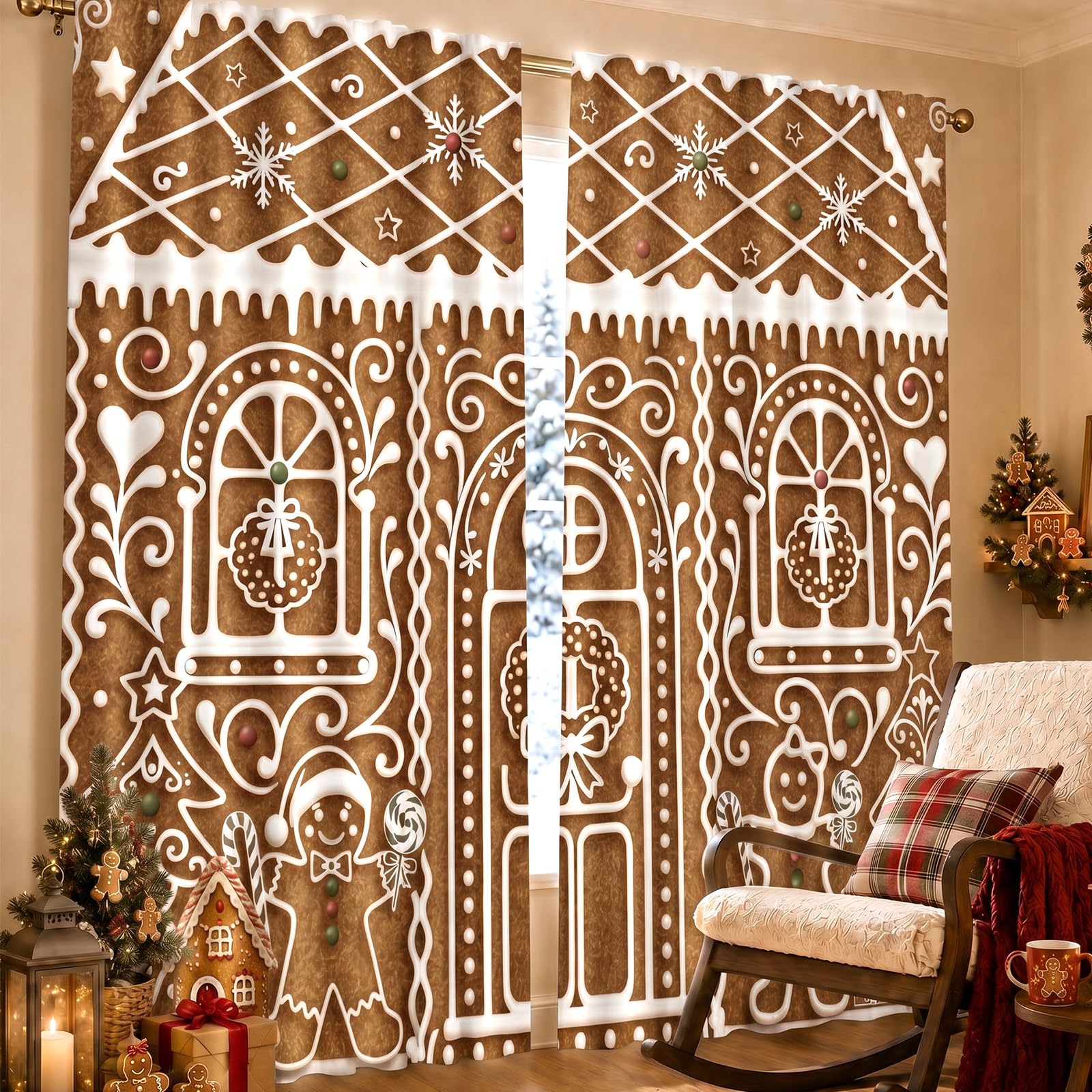 SmoothNovelty 2 Pcs Christmas Gingerbread Curtains for Living Room Xmas