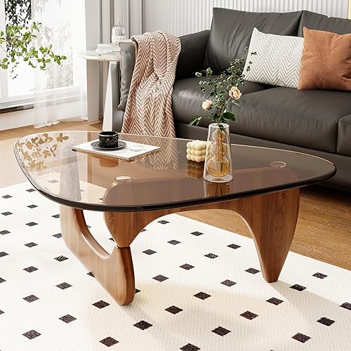 Miniatura 8 de Mesa de centro para sala de estar, mesa central moderna de mediados de siglo con parte superior de vidrio y madera de roble, marrónnogal