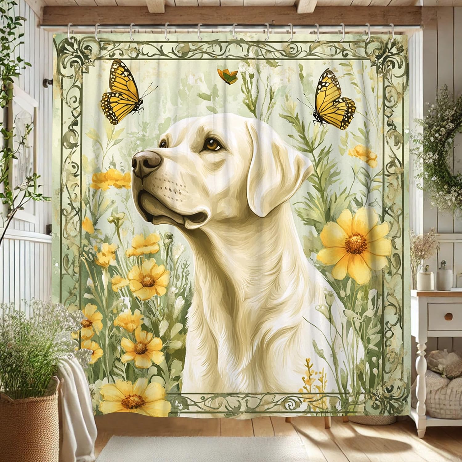 Labrador Dog Shower Curtain, Watercolor Beige Yellow Flower Bath Curtain for Bathroom Decor, Spring Summer Nature Inspired Modern Waterproof Fabric Shower Curtain Set with Hooks 72x72 Inch