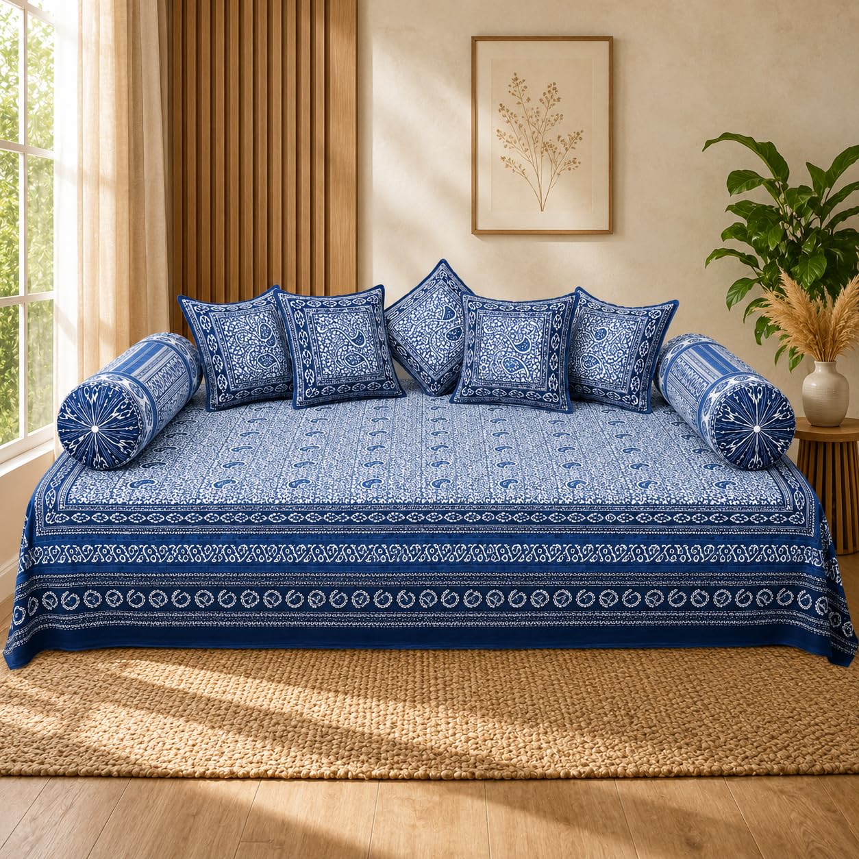 Set of 8 Pieces Single Bed Sheet with 5 Cushion Covers and 2 Bolster Covers Cotton Bedding Set for Bedroom Home Decor-image-28