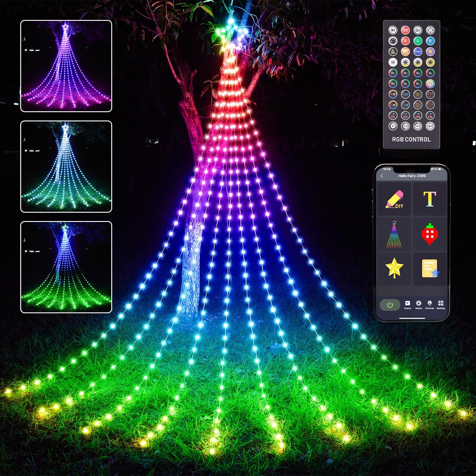 HOLILLUMA Smart Christmas String Lights, 11.8FT 344LED RGB Color Changing Waterfall Lights with