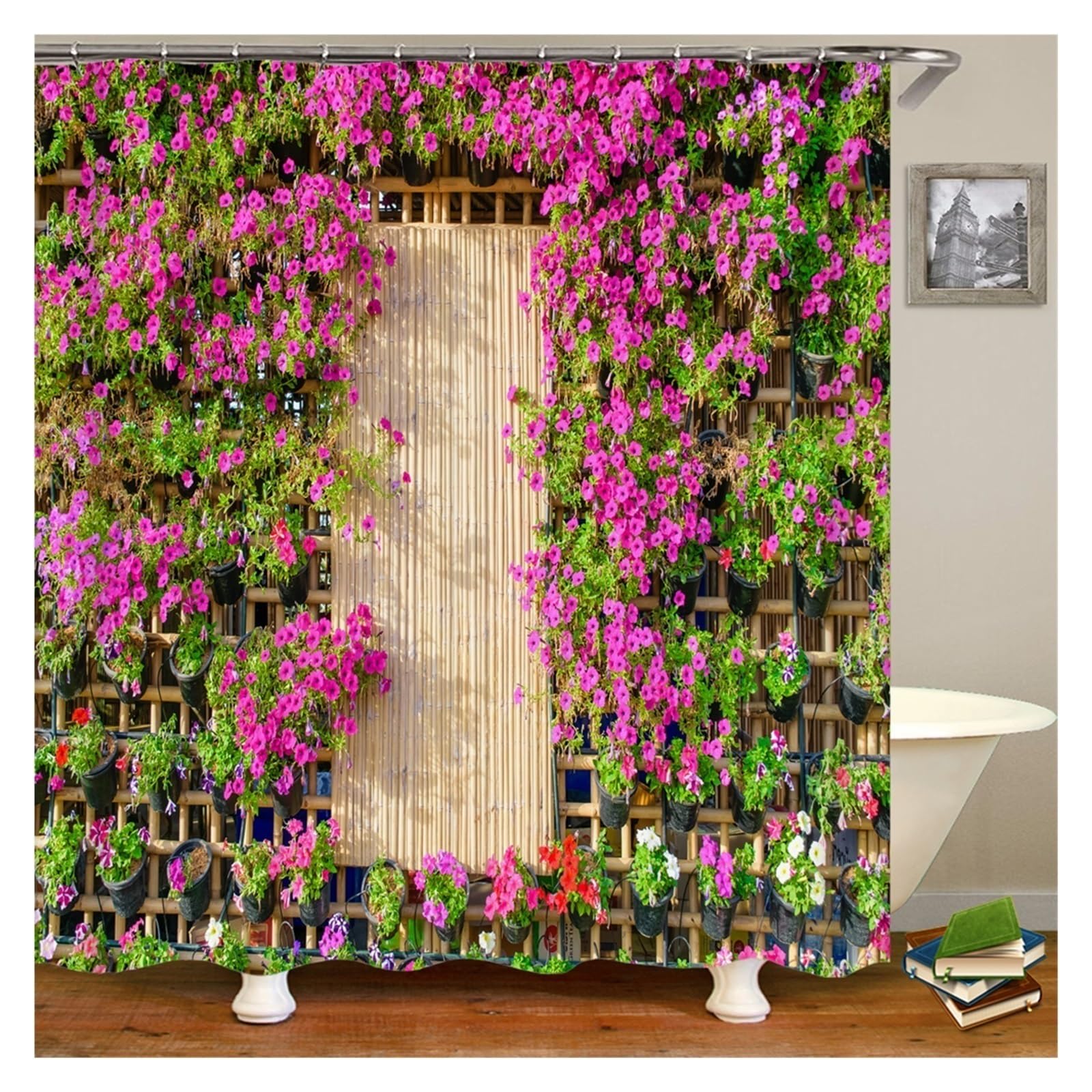 Cortina De Ducha Cortinas de Ducha Impermeables con Paisaje de Flores, Cortinas de baño de Flores de Calle Rural, Tela de poliéster, decoración Lavable, Cortinas de baño(DM6541,W300xH180cm)