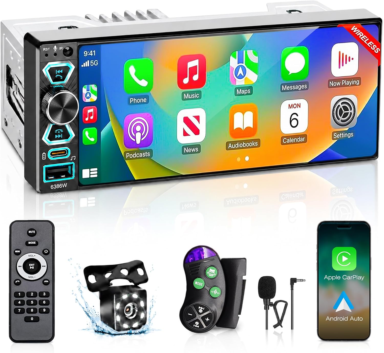 Car Stereo Wireless CarPlay&Android Auto, 6.9" Single Din Touchscreen Radio