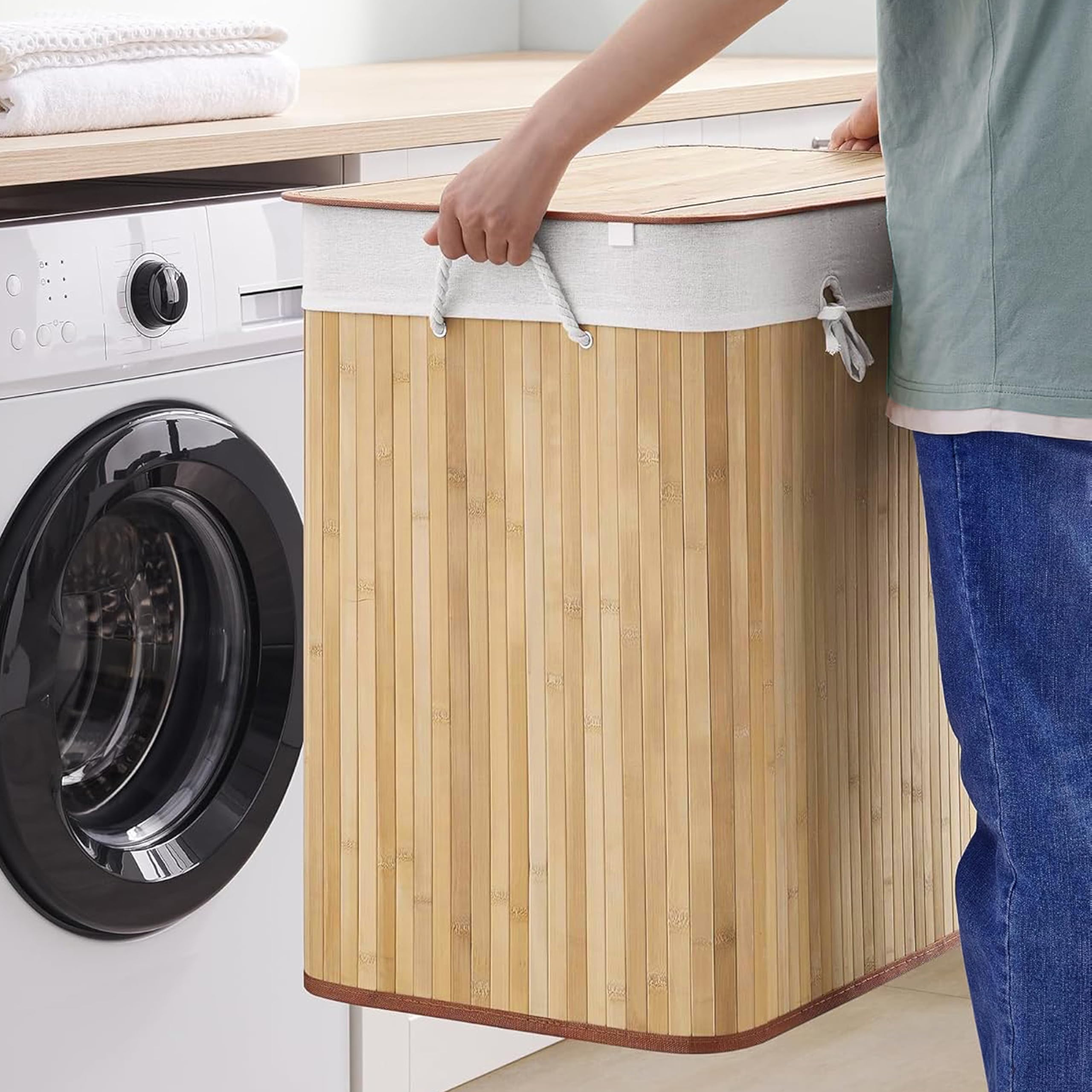 Panier à linge 3 compartiments FALSTER XXL B, 150 L, collecteur de linge avec couvercle, boîte à linge en bambou avec poignées, fonction pliable pratique, brun