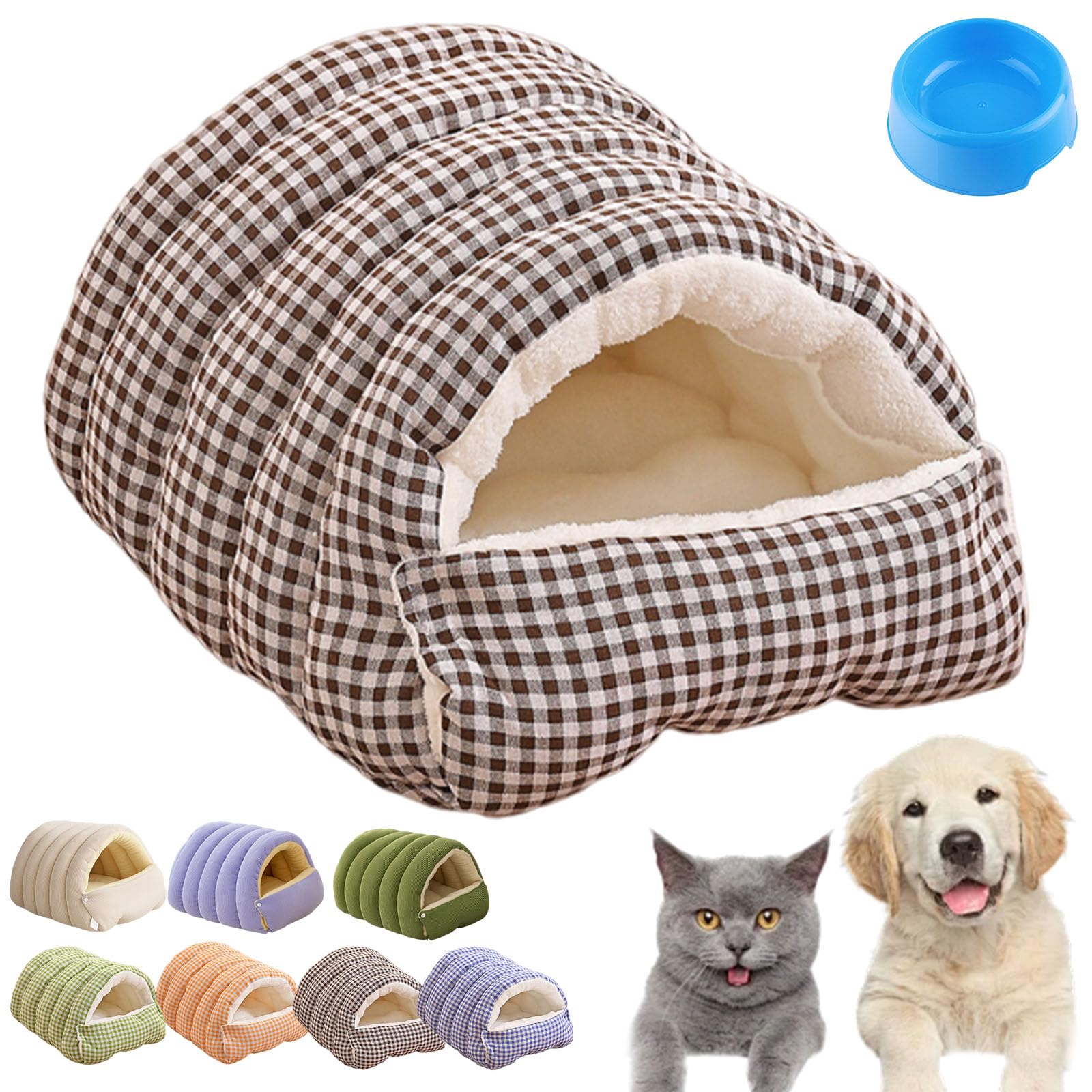 Enclosed Cat Beds for Indoor Cats, 2026 New Covered Pet Cave, Warm Plush Cozy Washable Tent with Removable Cushion, Pets Sleeping Bag for Indoor (Brown Plaid, L for 7.5KG cats or 5KG dogs)