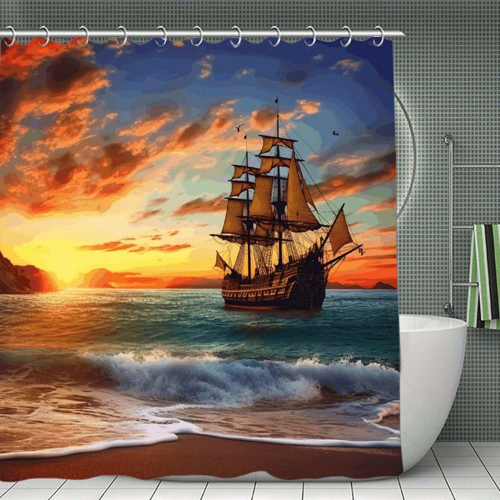 VstaDank Pirate Ship in The Sunset Shower Curtain Waterproof Bathroom Curtain with Hooks Luxury Weighted Bath Curtains for Bathtubs Showers Room Dividers Decorative Shower Curtains 71x71 in