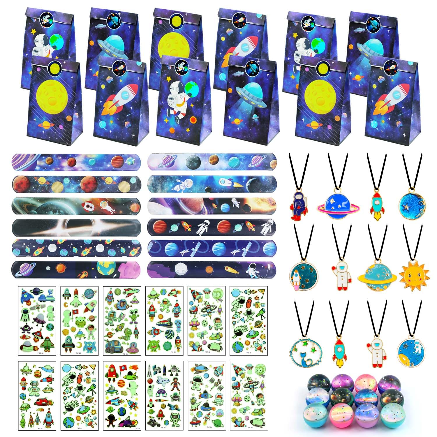 Set 60 Pezzi Regalini Fine Festa A Tema Spaziale Per Bambini - Sacchetti, Braccialetti, Tatuaggi, Palline - Foto 6