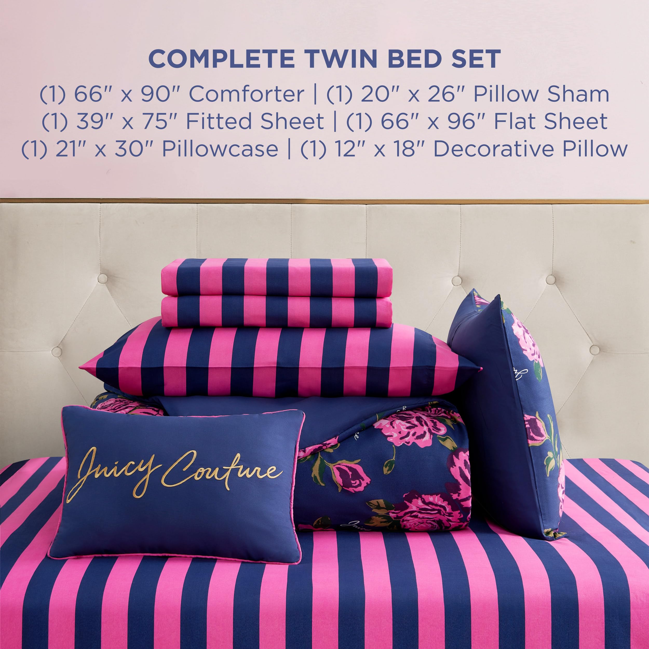 Amazon.com: Juicy Couture Rose Logo Twin Comforter Set, Navy/Pink