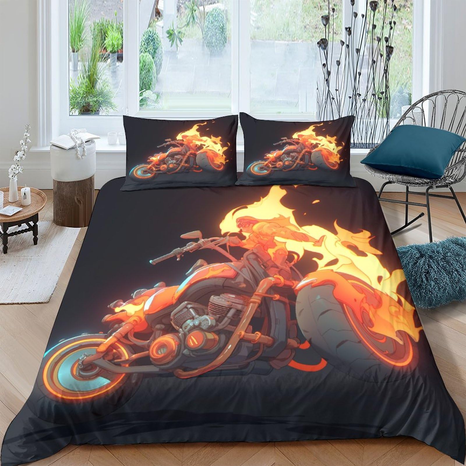 Housse de couette 200x200cm imprimé moto parure de lit 3 pièces IOFEER