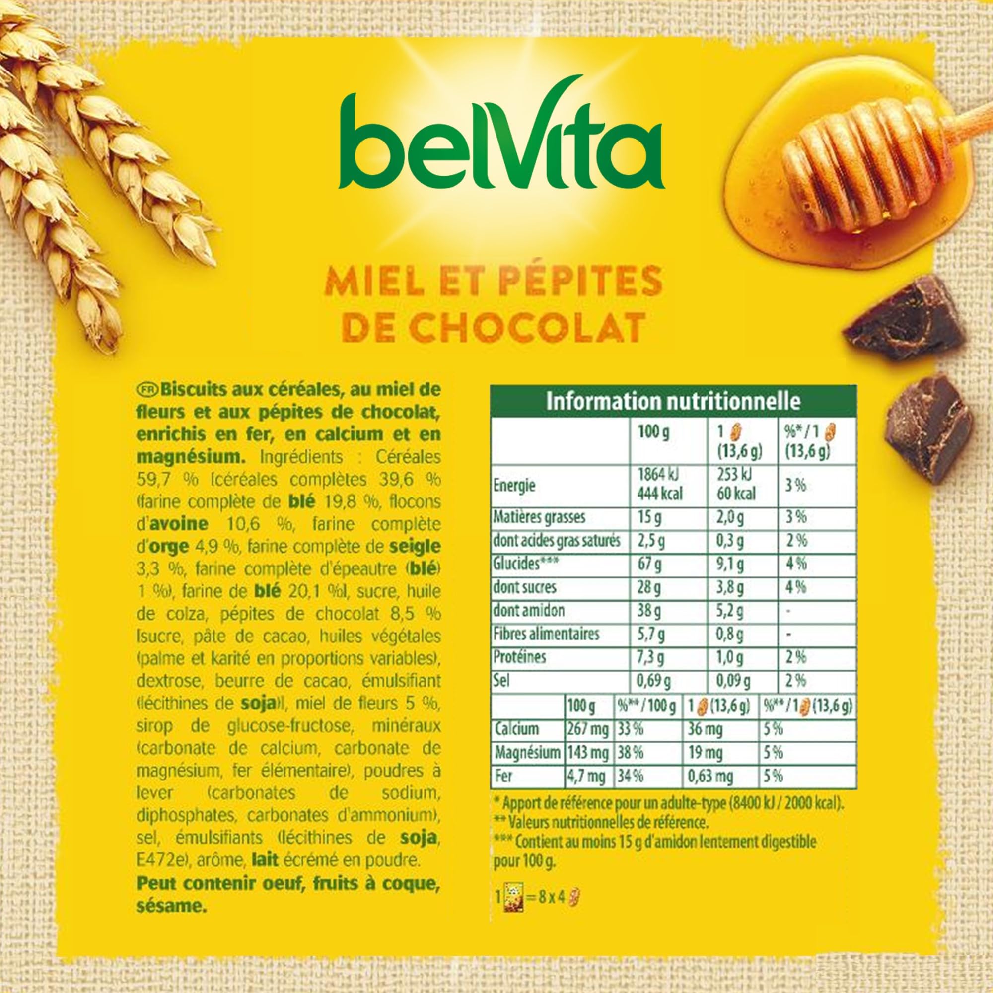 Lu Belvita Petit Déjeuner - Biscuits Miel et Chocolat - 21x400g | 21 Boîtes de 400g | Biscuits croustillants au miel et pépites de chocolat, 5 céréales | Idéal petit déjeuner