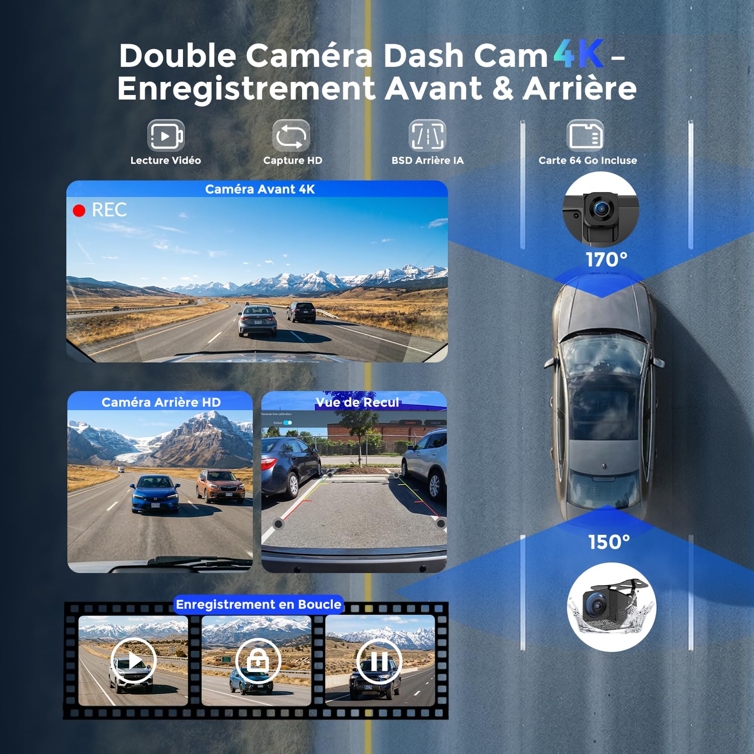 Avylet Écran 10,25" CarPlay & Android Auto, Détection AI BSD arrière | Dashcam 4K avant & HD 64Go, 1920x720P, 60FPS, Mirror Link, GPS, Navigation, Commande vocale, Bluetooth, AUX/FM