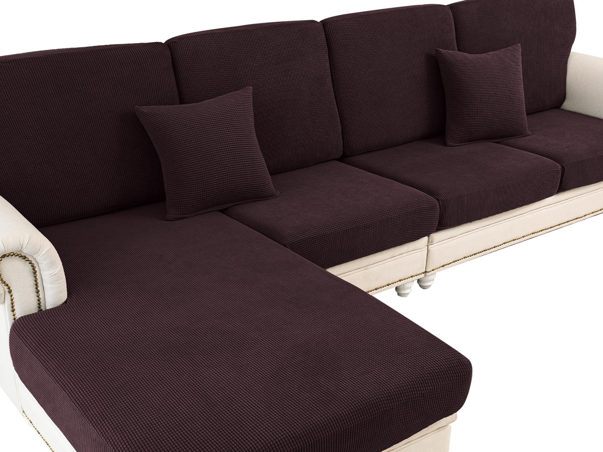 Couch Cushion Covers for Sectional Sofa L Shape Washable Separate Seat Chaise Couch Cover Stretch Sofa Slipcovers with 2 Pcs Pillowcases(2 Seater + 1 Chaise, Brown)