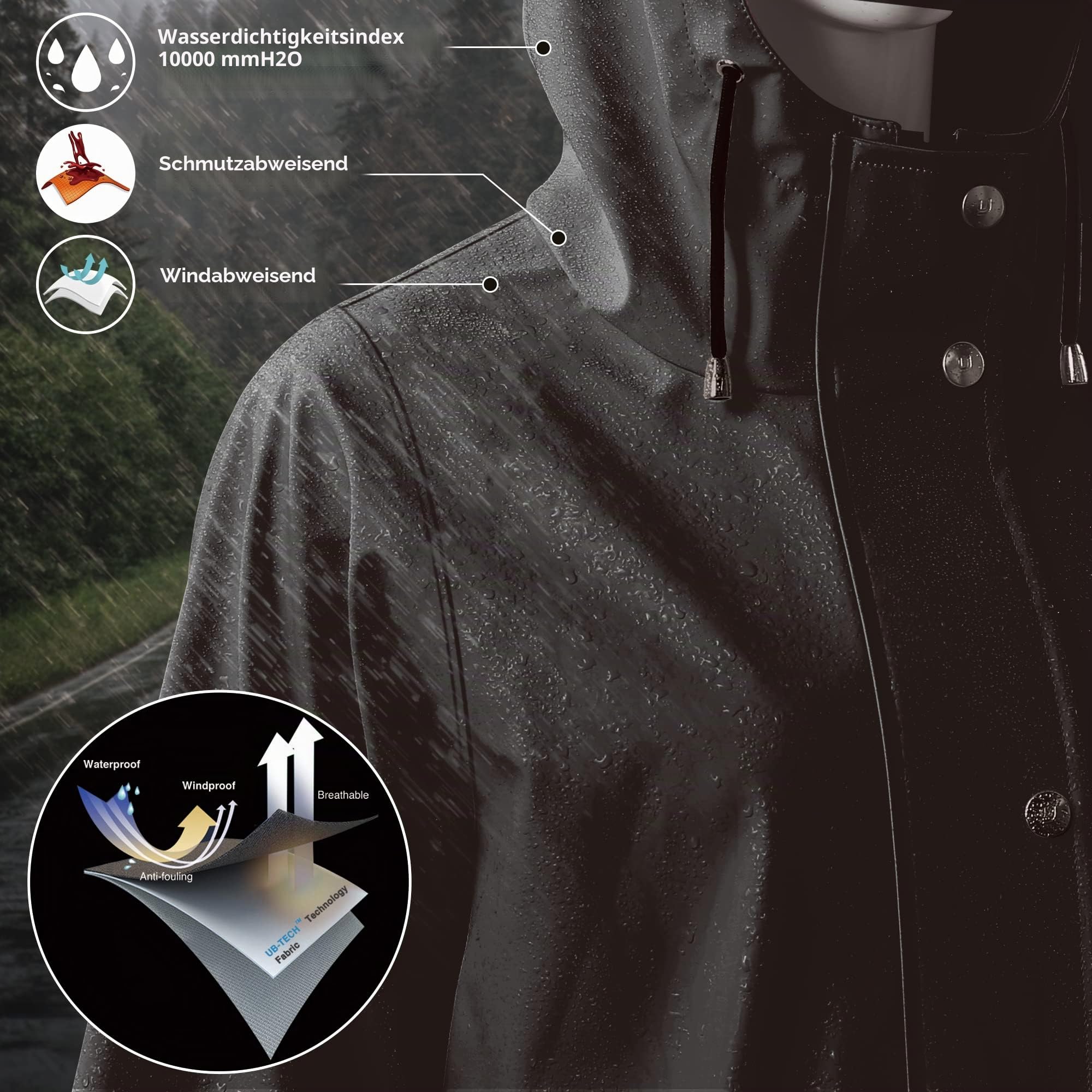 UNIQUEBELLA Regenjacke Damen Wasserdicht Regenmantel Mit Kapuze Winddicht Wetterfest Übergangsjacke Atmungsaktiv Mantel Jacke Outdoor