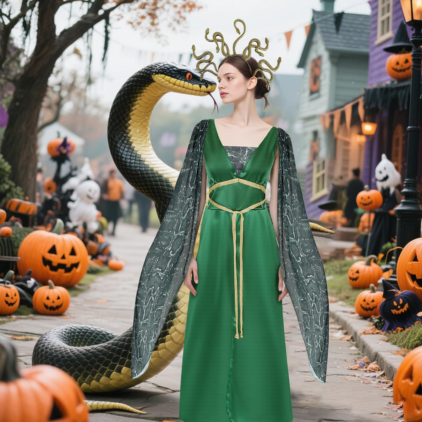 Skknuny Medusa Costume Women Greek Goddess Outfits Cosplay Medusa Fancy Dress with Headwear for Halloween Carnival Adults (S) - Image 4