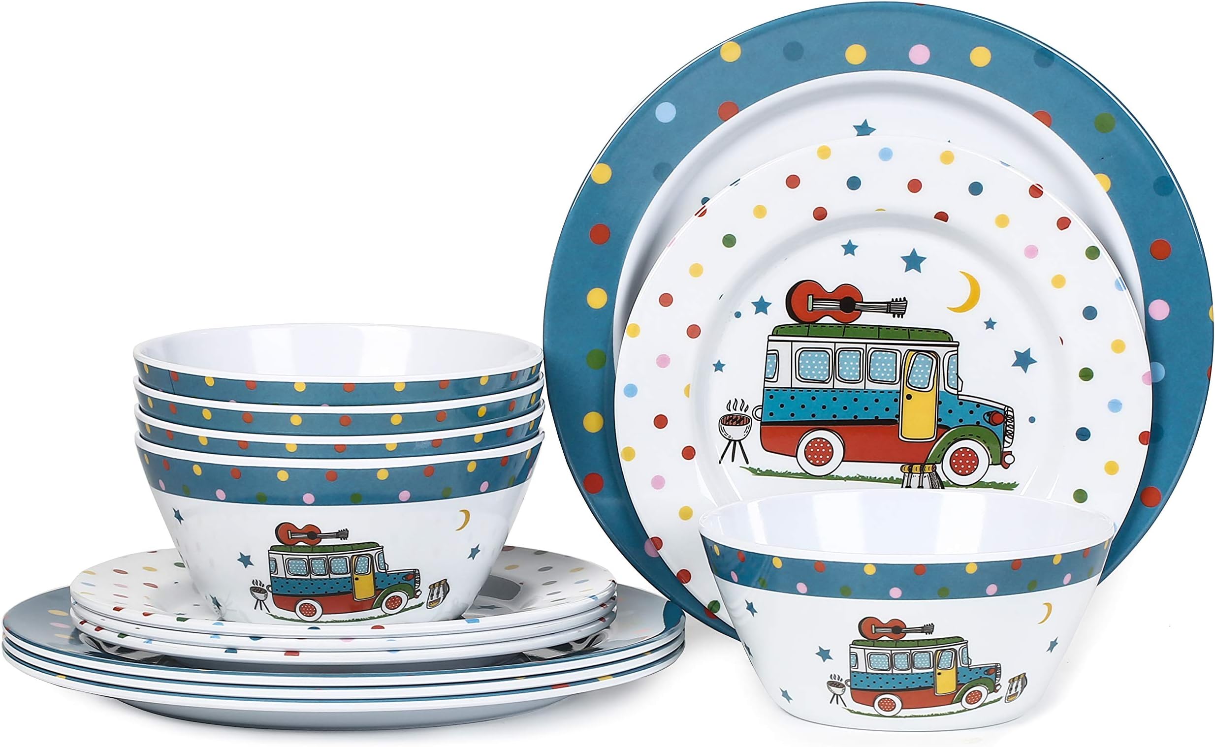 Dinnerware Set for 4-12pcs Melamine Plates Bowls Set for Outdoor use, RV Camper Pattern